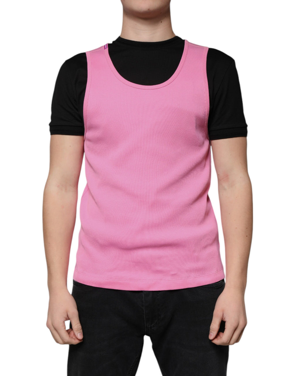 T-shirt sans manches en coton rose Dolce & Gabbana avec col rond, vue de face.