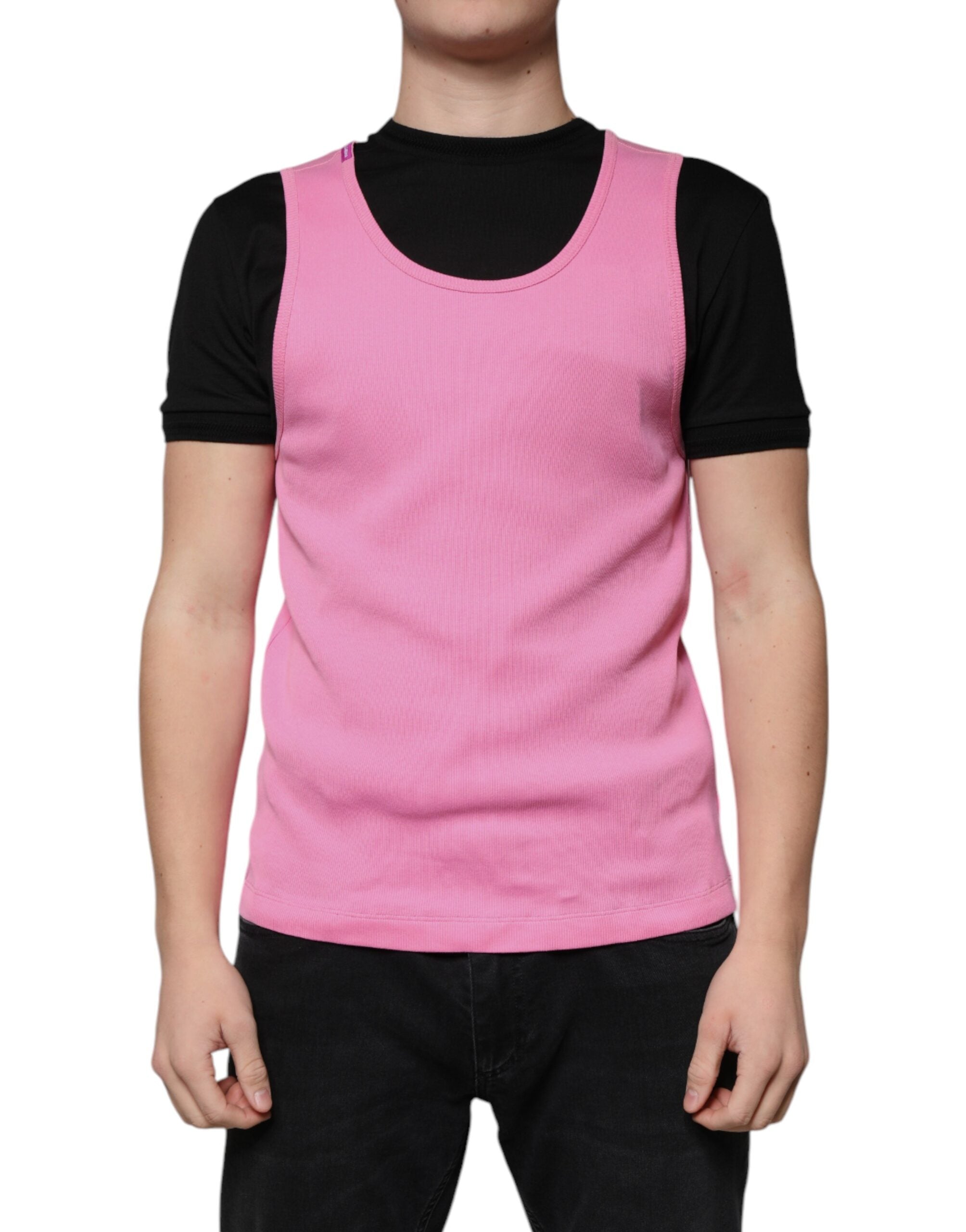 T-shirt sans manches en coton rose Dolce & Gabbana avec col rond, vue de face.