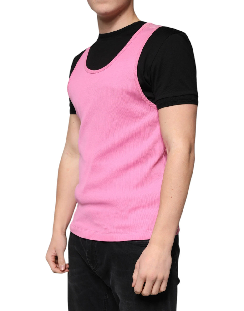 T-shirt sans manches rose en coton Dolce & Gabbana avec col rond, vue de face.