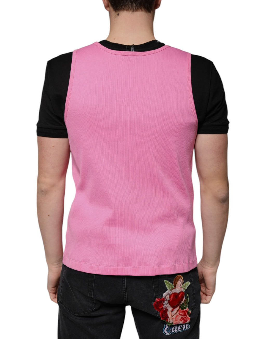 T-shirt sans manches en coton rose de Dolce & Gabbana avec col rond, vue de face.