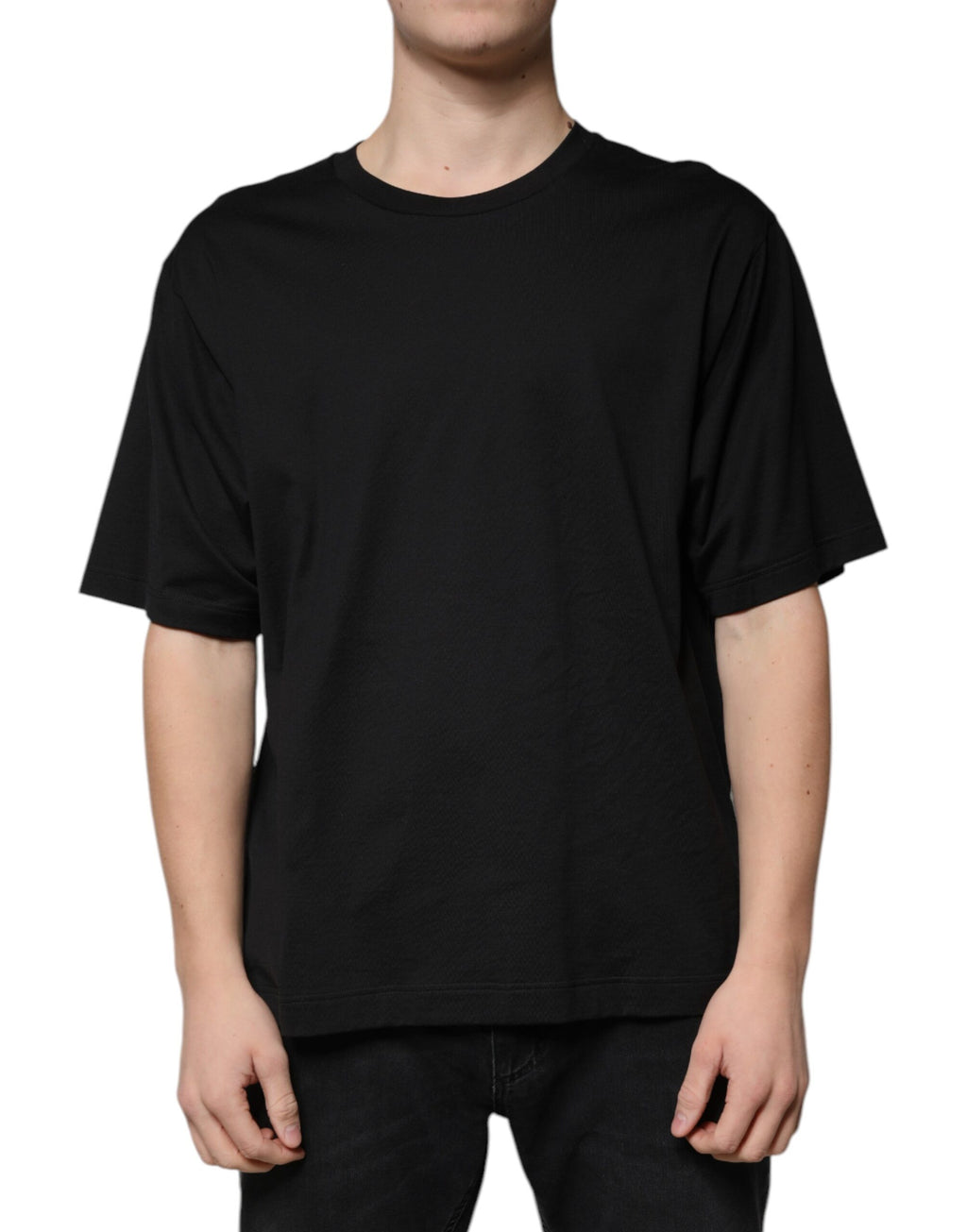 T-shirt à manches courtes en coton noir de Dolce & Gabbana avec col rond, vue de face.