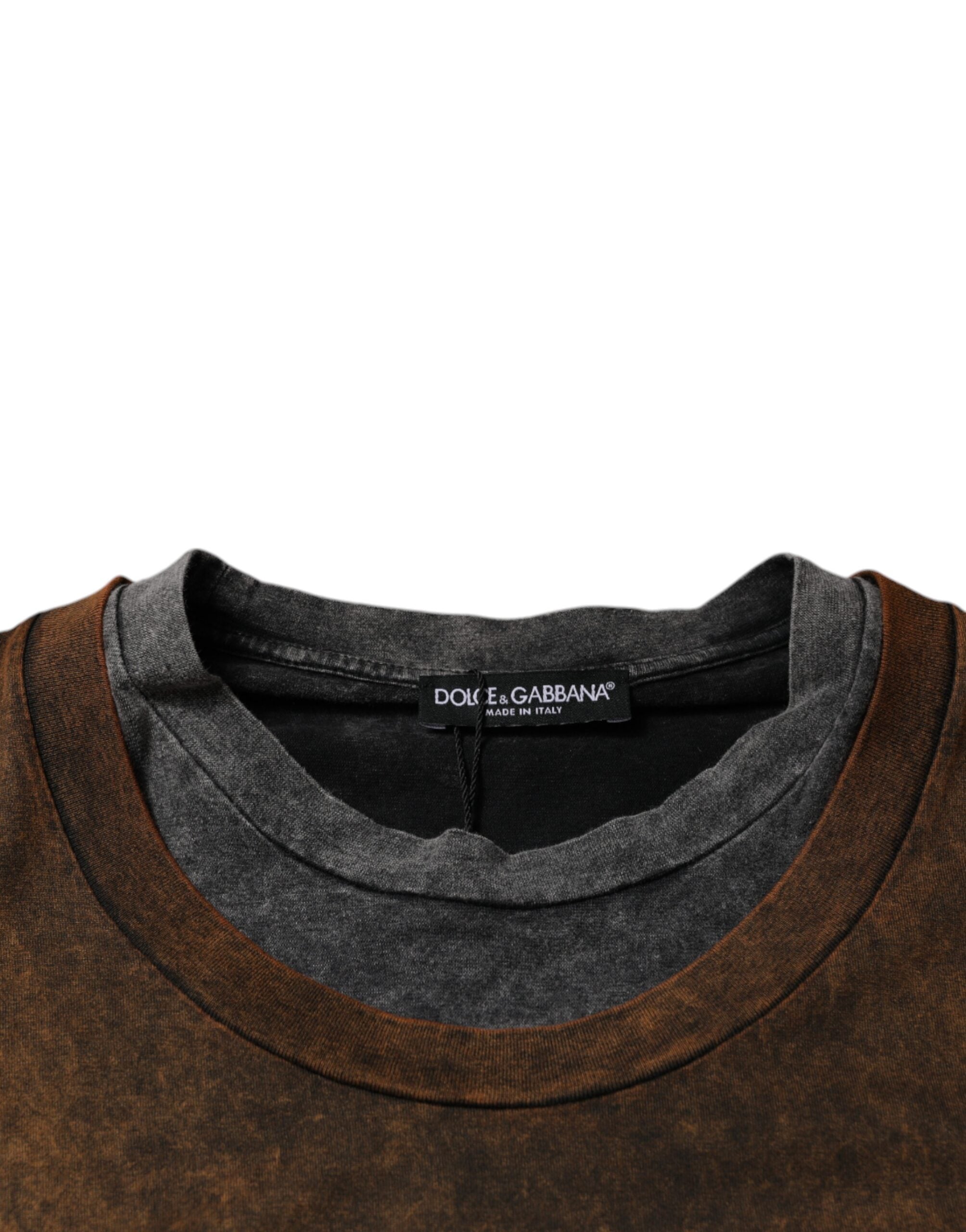 T-shirt sans manches en coton marron de Dolce & Gabbana avec col rond, vue de face, détails du produit visible.