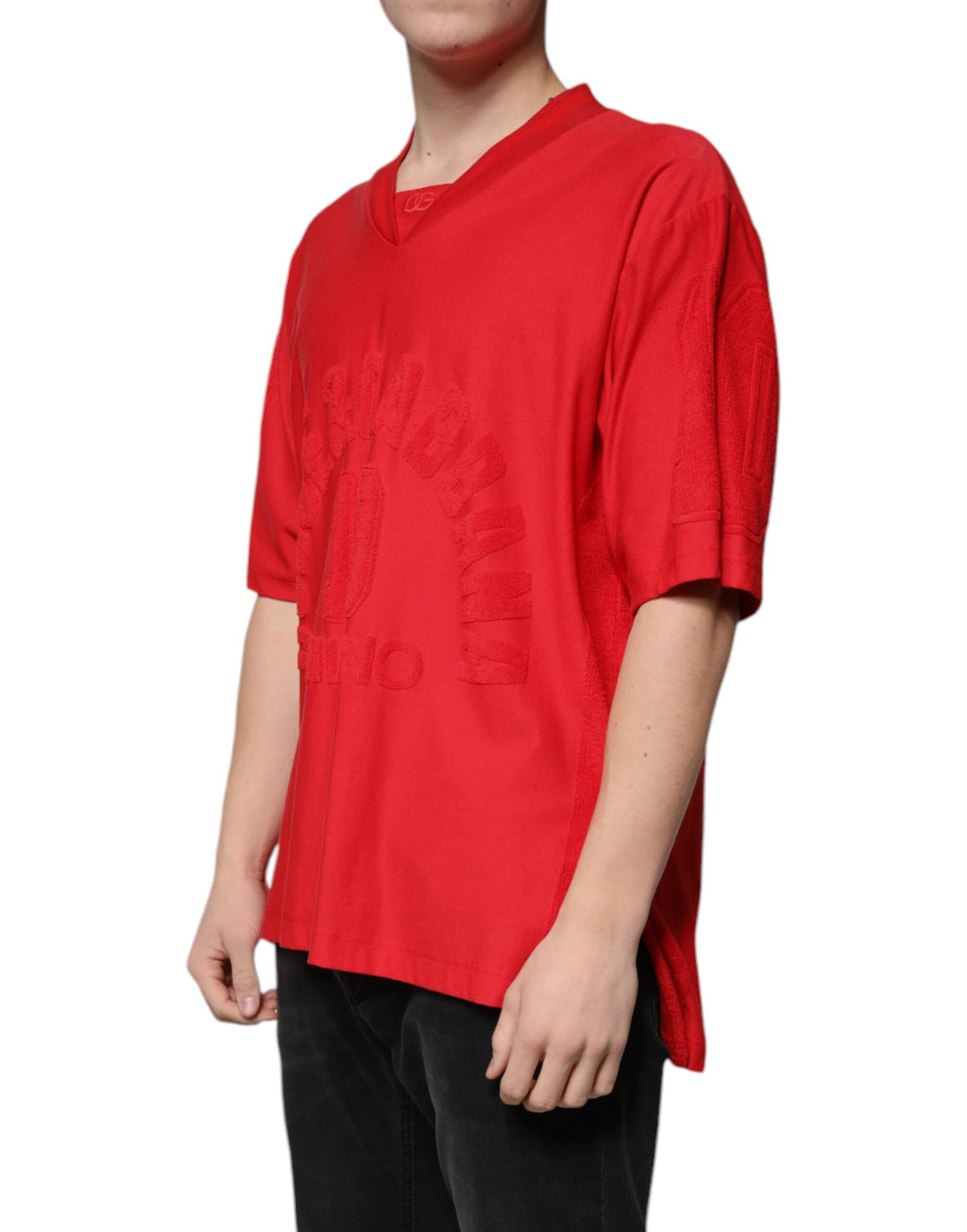 T-shirt Dolce & Gabbana en coton rouge à col en V et manches courtes, vue de face.