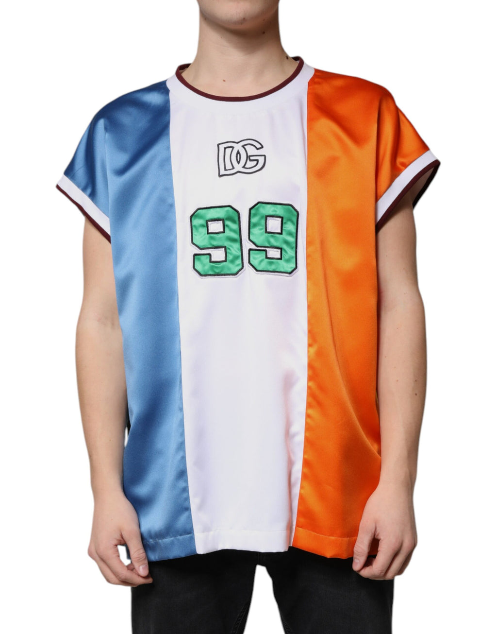 T-shirt sans manches Dolce & Gabbana en jersey multicolore, design élégant et moderne, vue de face.
