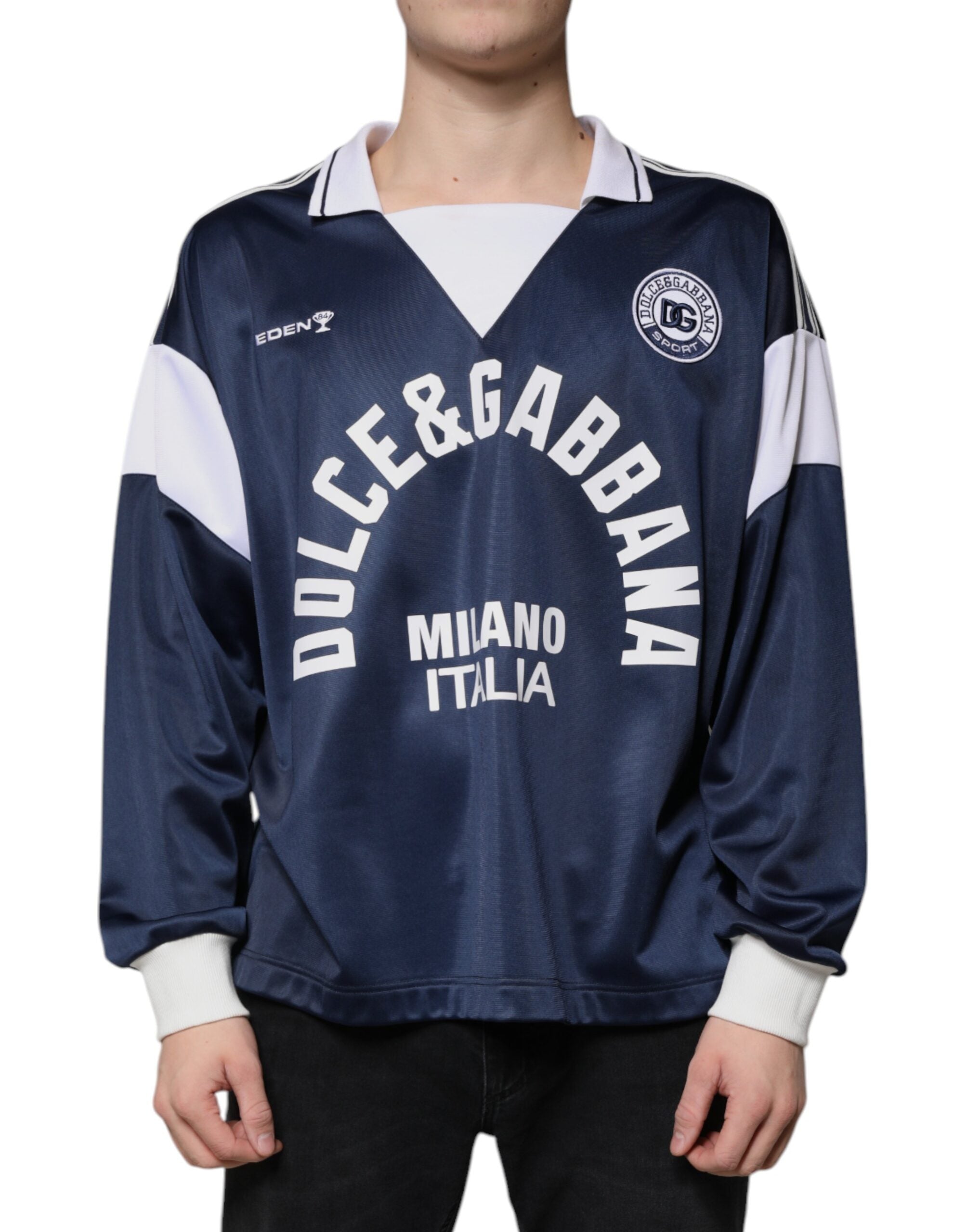 T-shirt à manches longues Dolce & Gabbana Milano en jersey bleu et blanc, design élégant et moderne.