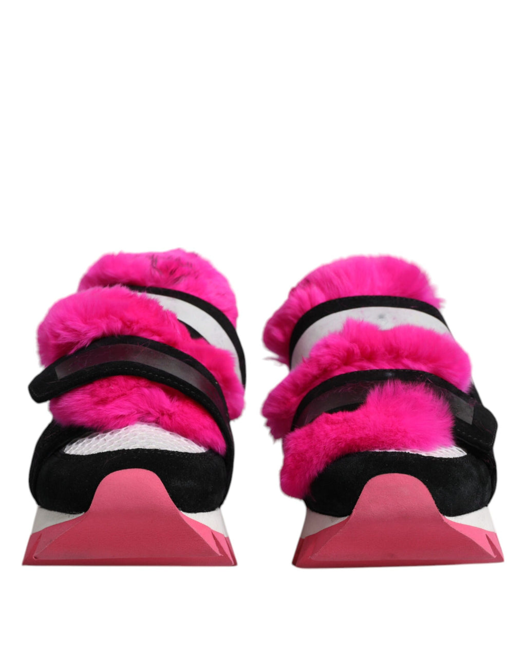 Sneakers Dolce & Gabbana noires avec détails en fourrure rose et embellissements, chaussures de mode élégantes et tendance.
