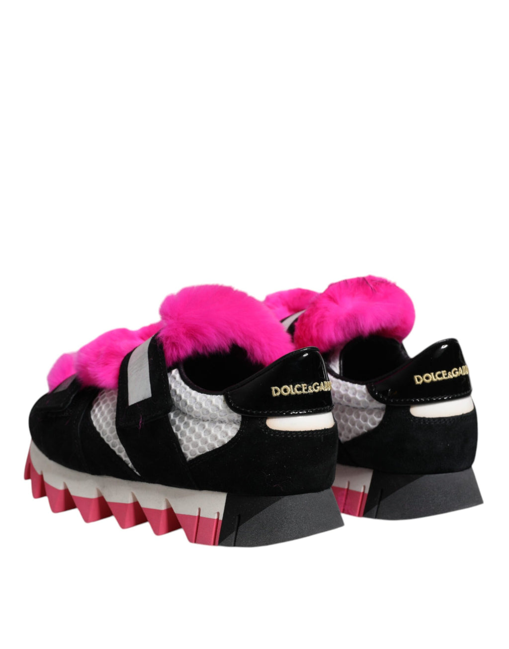 Chaussures sneakers noires et roses Dolce & Gabbana avec détails en fourrure, style élégant et tendance.