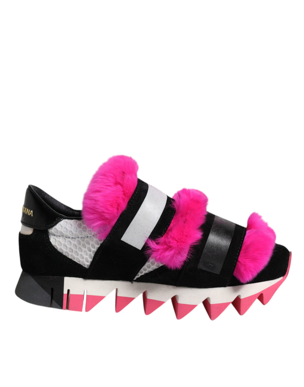 Chaussures sneakers noires et roses Dolce & Gabbana avec embellissements en fourrure, vue de face.