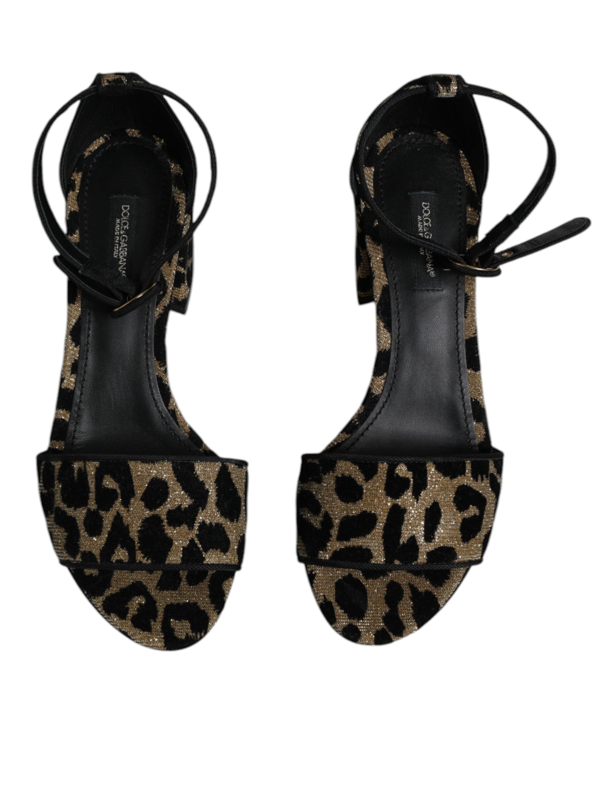 Sandales à talons Dolce & Gabbana or et léopard avec bride à la cheville, chaussures élégantes en lurex.