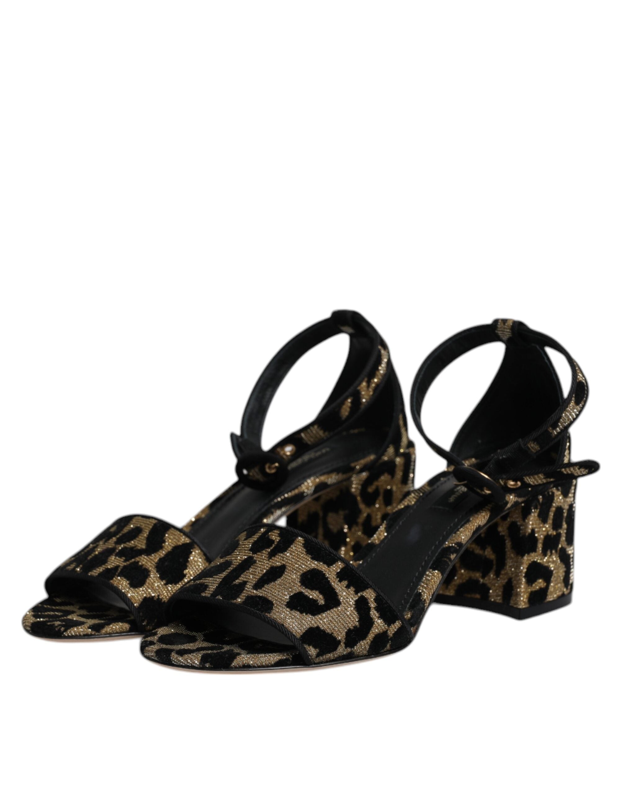 Escarpins Dolce & Gabbana à talon aiguille orné de léopard lurex et de bride à la cheville, chaussures élégantes en satin doré.