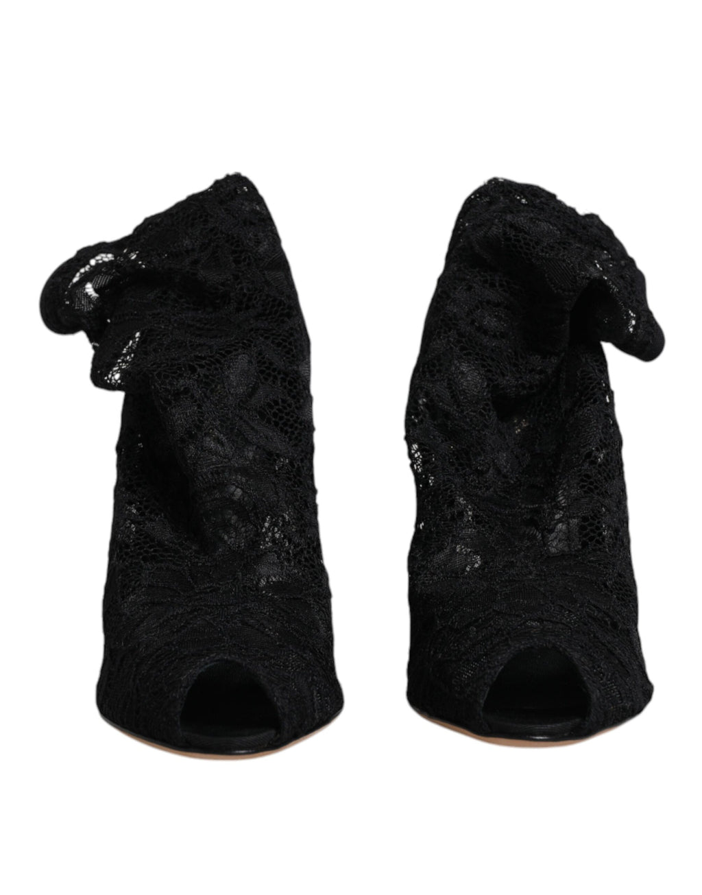 Chaussures Dolce & Gabbana à talons, bottines noires en dentelle extensible, mi-mollet, élégantes et sophistiquées.