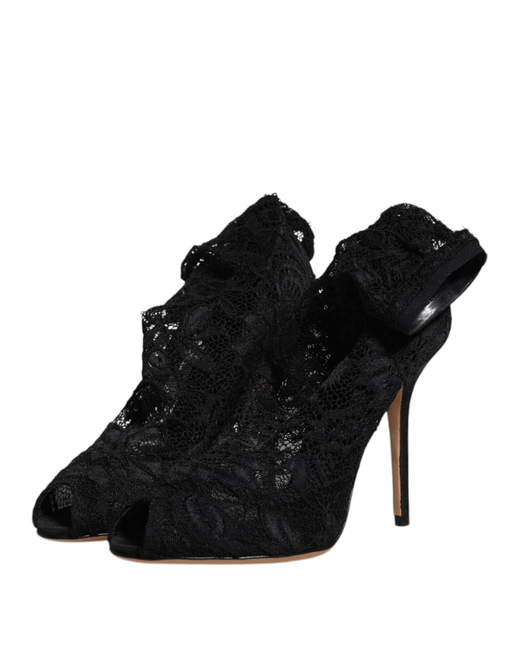 Chaussures Dolce & Gabbana à talons noirs en dentelle extensible, bottines mi-mollet élégantes et sophistiquées.