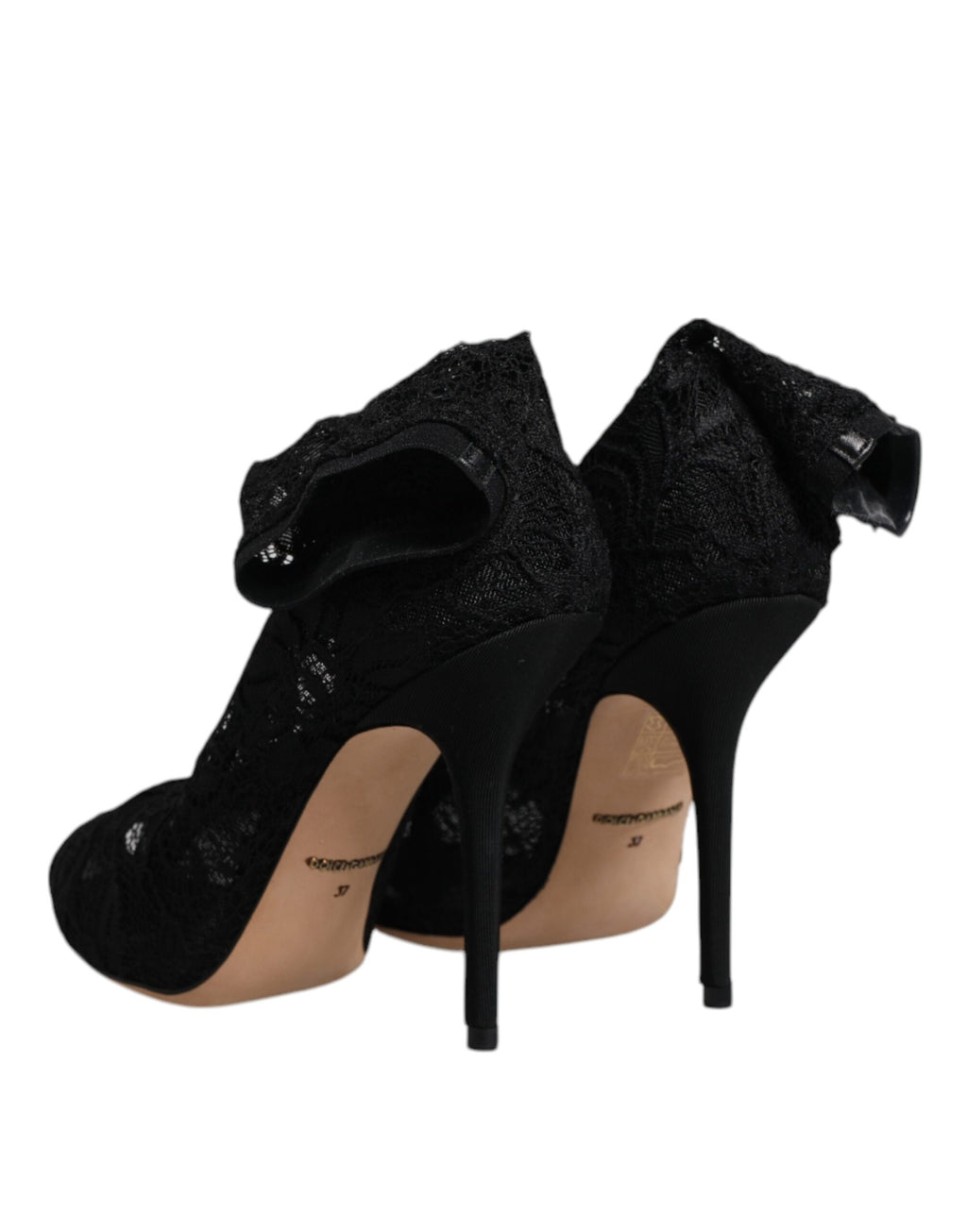Chaussures Dolce & Gabbana bottines en dentelle noire extensible avec talons moyens et semelle en cuir.