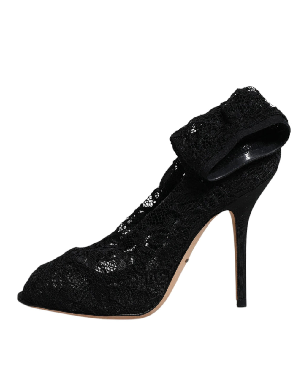 Chaussures Dolce & Gabbana, bottines noires en dentelle extensible et mi-mollet, élégantes et sophistiquées.