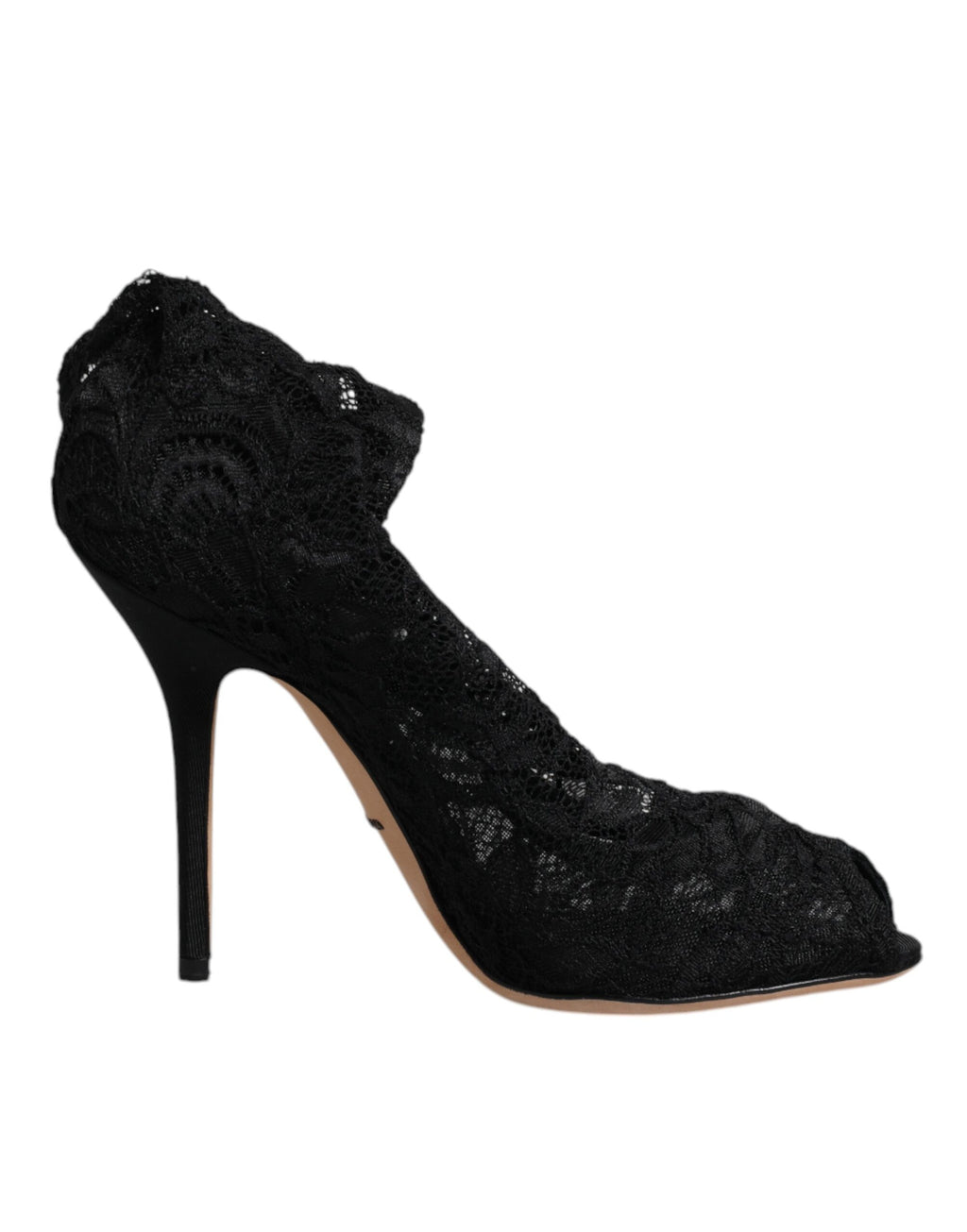 Chaussures Dolce & Gabbana talons en dentelle noire, bottines mi-mollet extensibles, élégantes et sophistiquées.