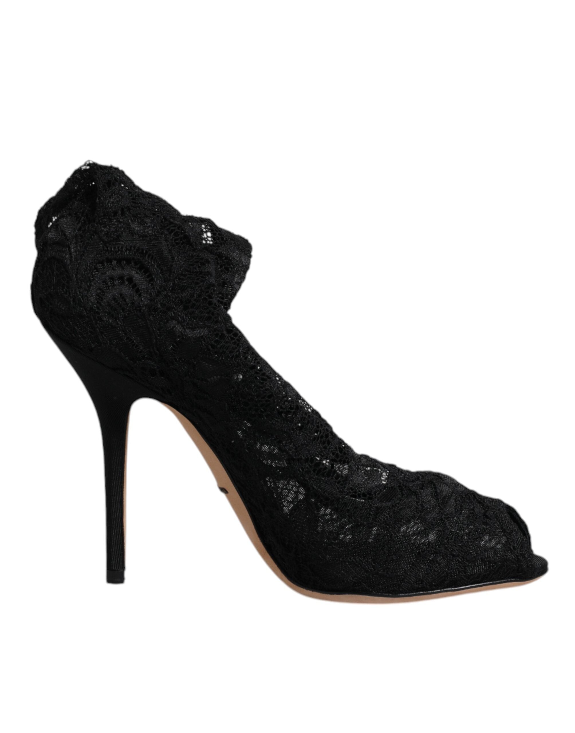Chaussures Dolce & Gabbana talons en dentelle noire, bottines mi-mollet extensibles, élégantes et sophistiquées.