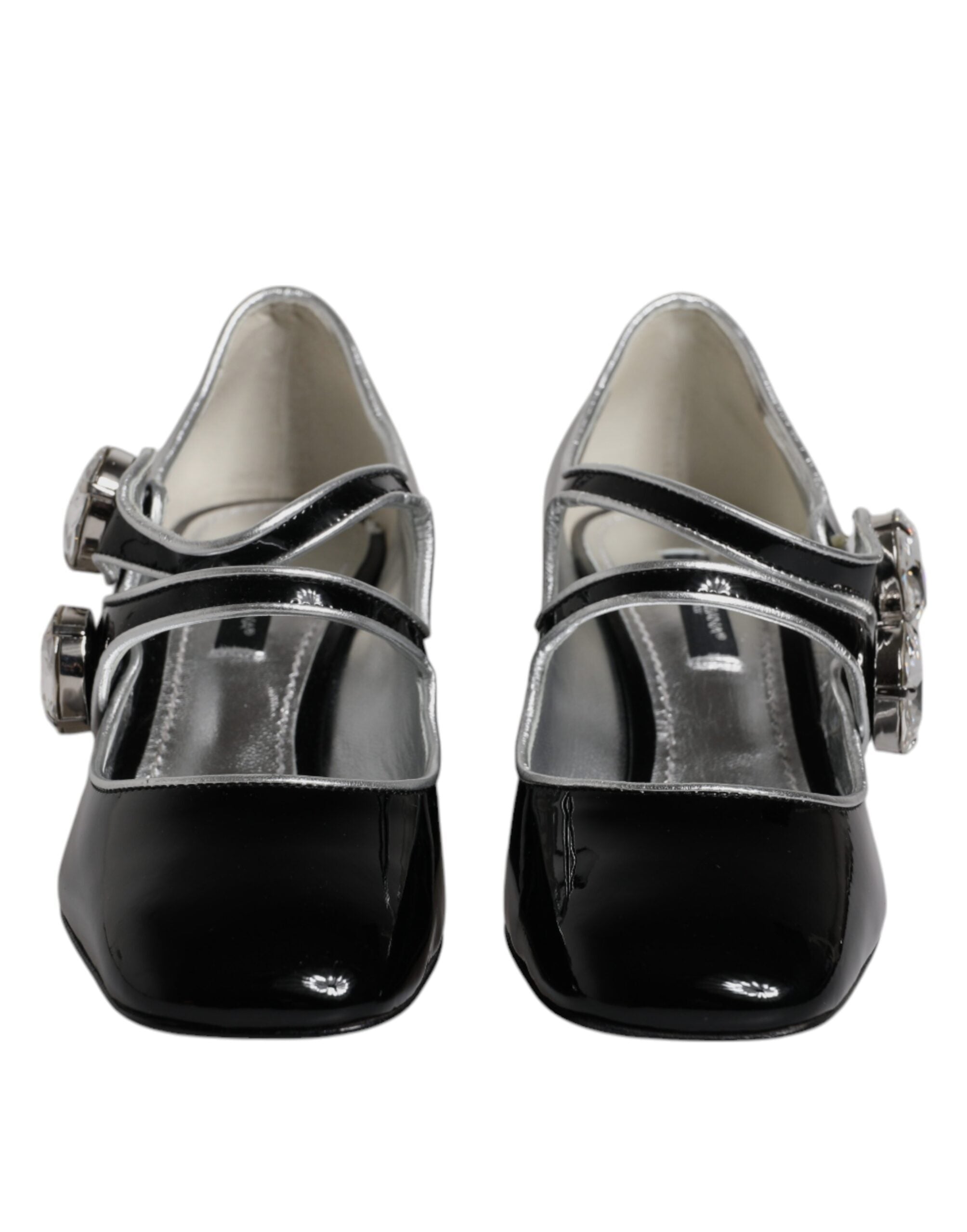 Chaussures Mary Jane en cuir verni noir avec cristaux de Dolce & Gabbana, style élégant et sophistiqué.