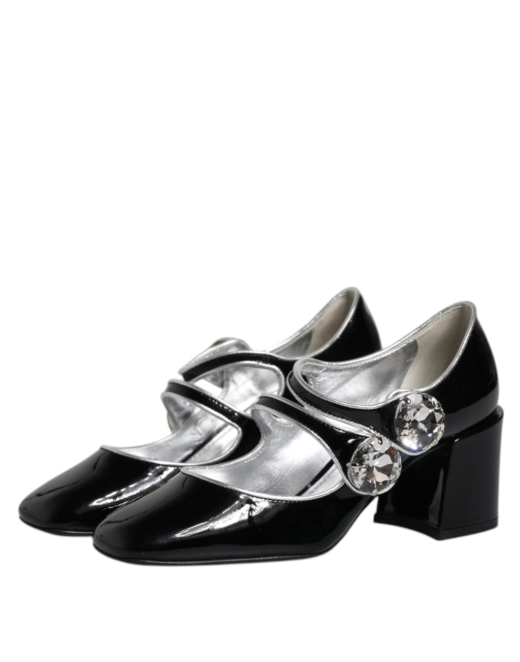 Chaussures à talons Mary Jane en cuir verni noir avec cristaux, marque Dolce & Gabbana.