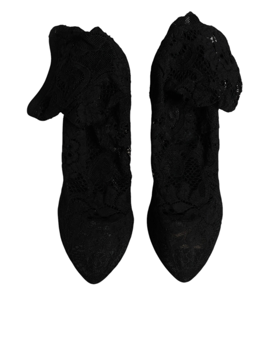 Chaussures Dolce & Gabbana talons en dentelle noire, bottines mi-mollet extensibles, élégantes et sophistiquées.