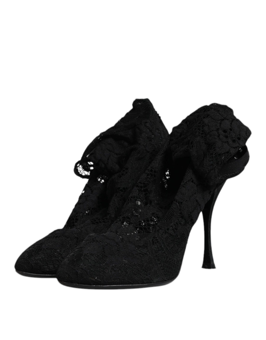Chaussures à talons noirs en dentelle extensible Dolce & Gabbana, bottines mi-mollet élégantes et sophistiquées.