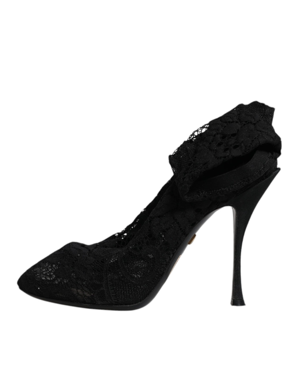Chaussures Dolce & Gabbana, bottines noires en dentelle extensible et mi-mollet, avec talons pour femme élégante.