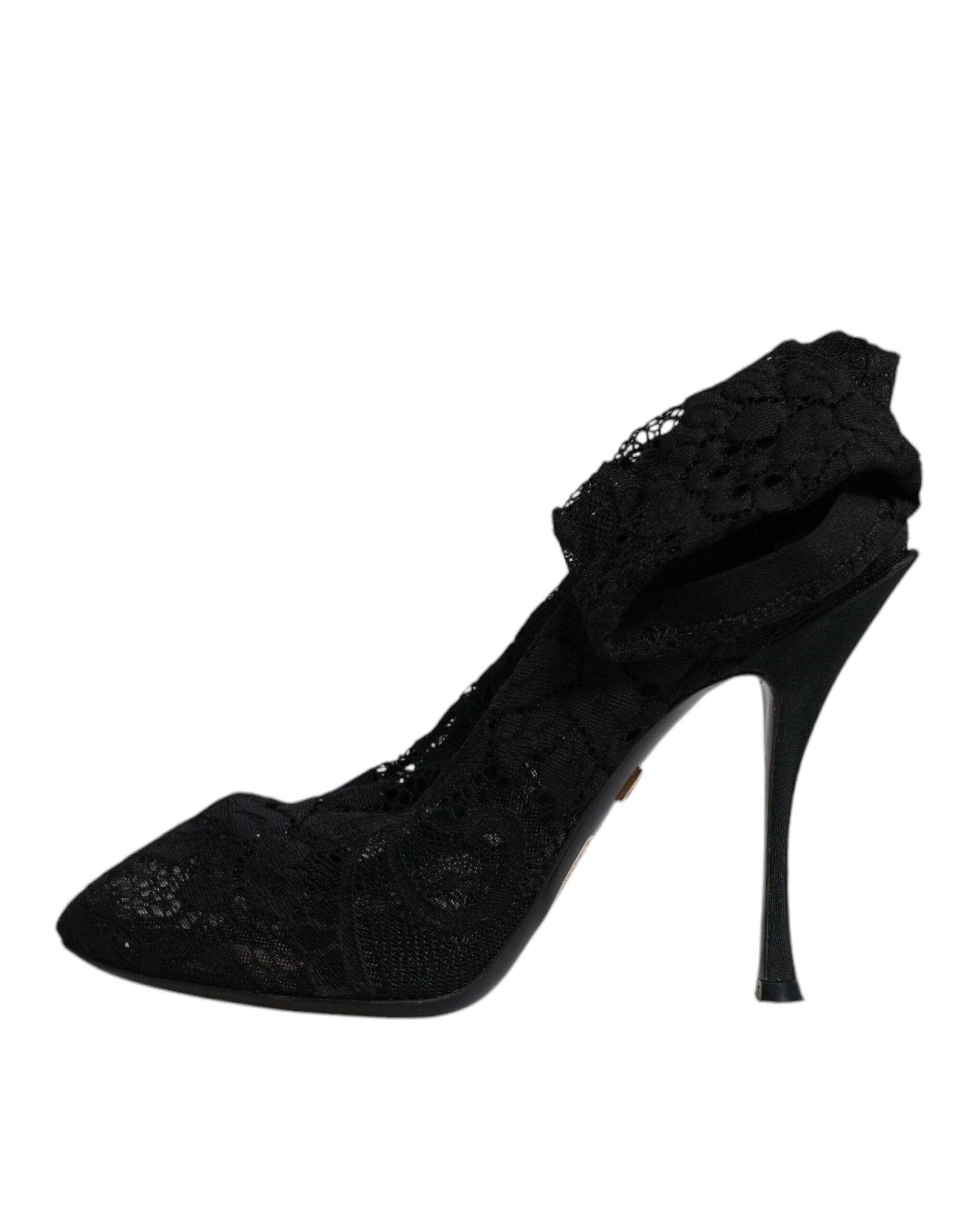 Chaussures Dolce & Gabbana, bottines noires en dentelle extensible et mi-mollet, avec talons pour femme élégante.