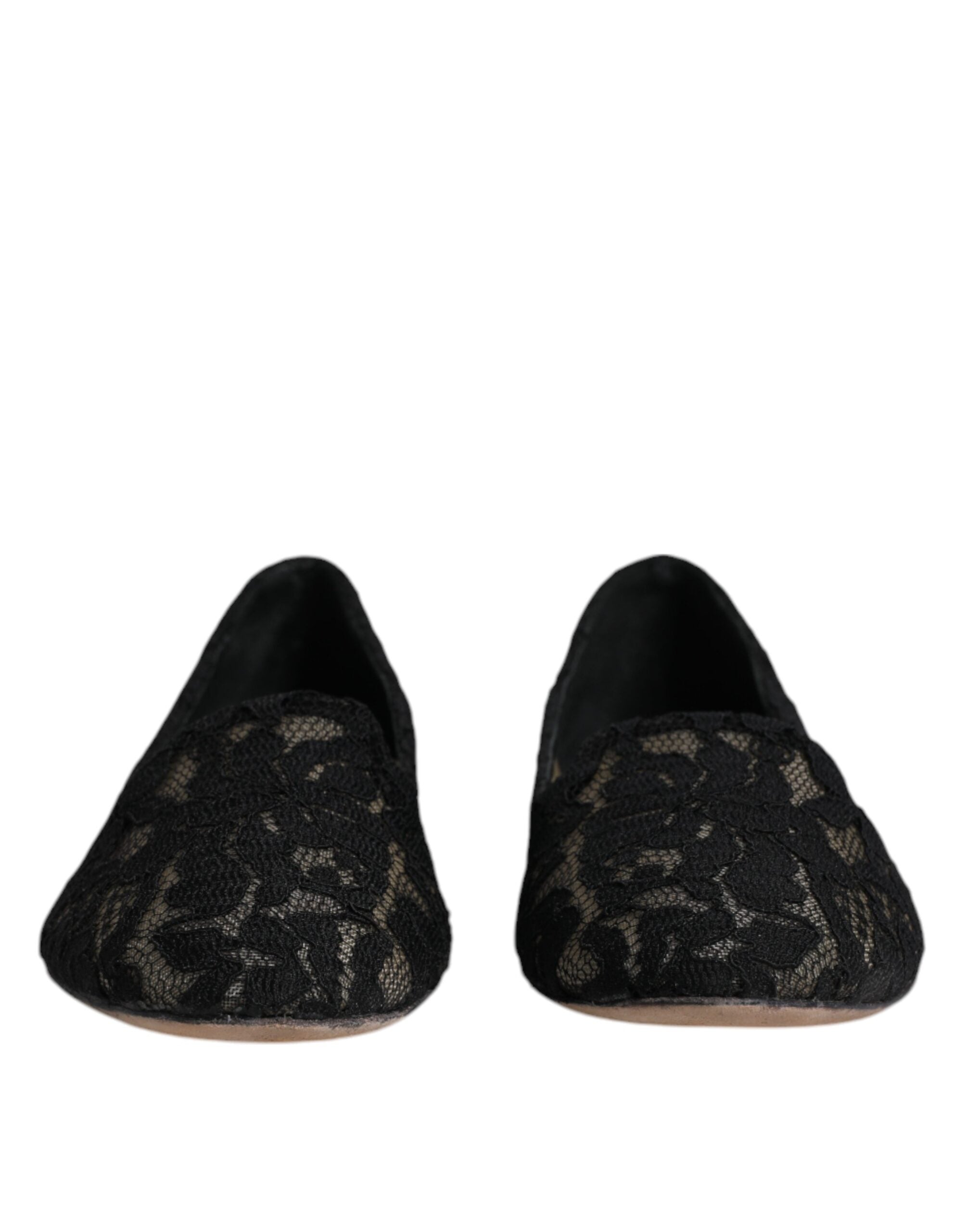 Chaussures plates Dolce & Gabbana Taormina en dentelle noire, slip-on élégantes pour femmes.