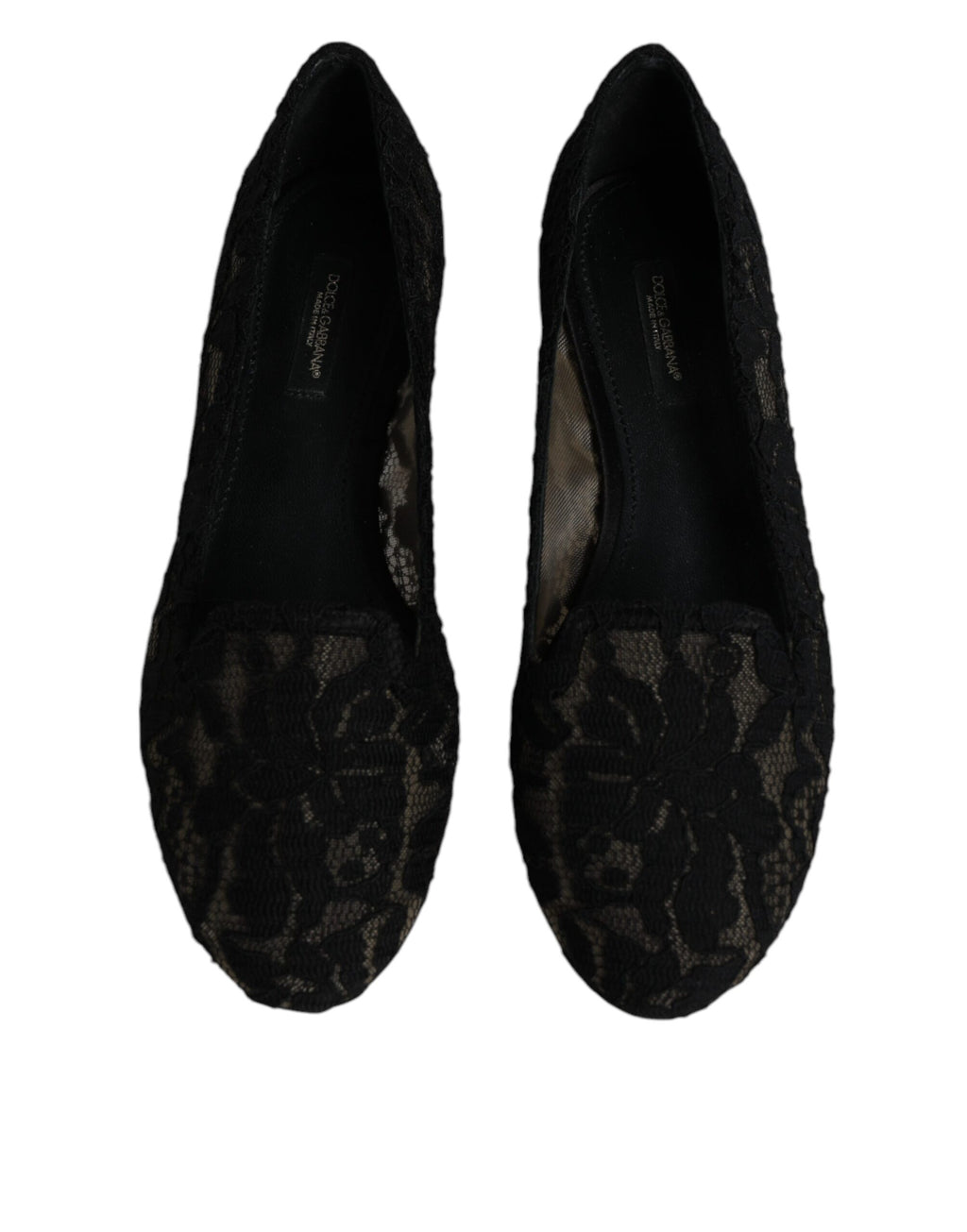 Chaussures Dolce & Gabbana Taormina noires en dentelle, slippers plates élégantes, vue de face.