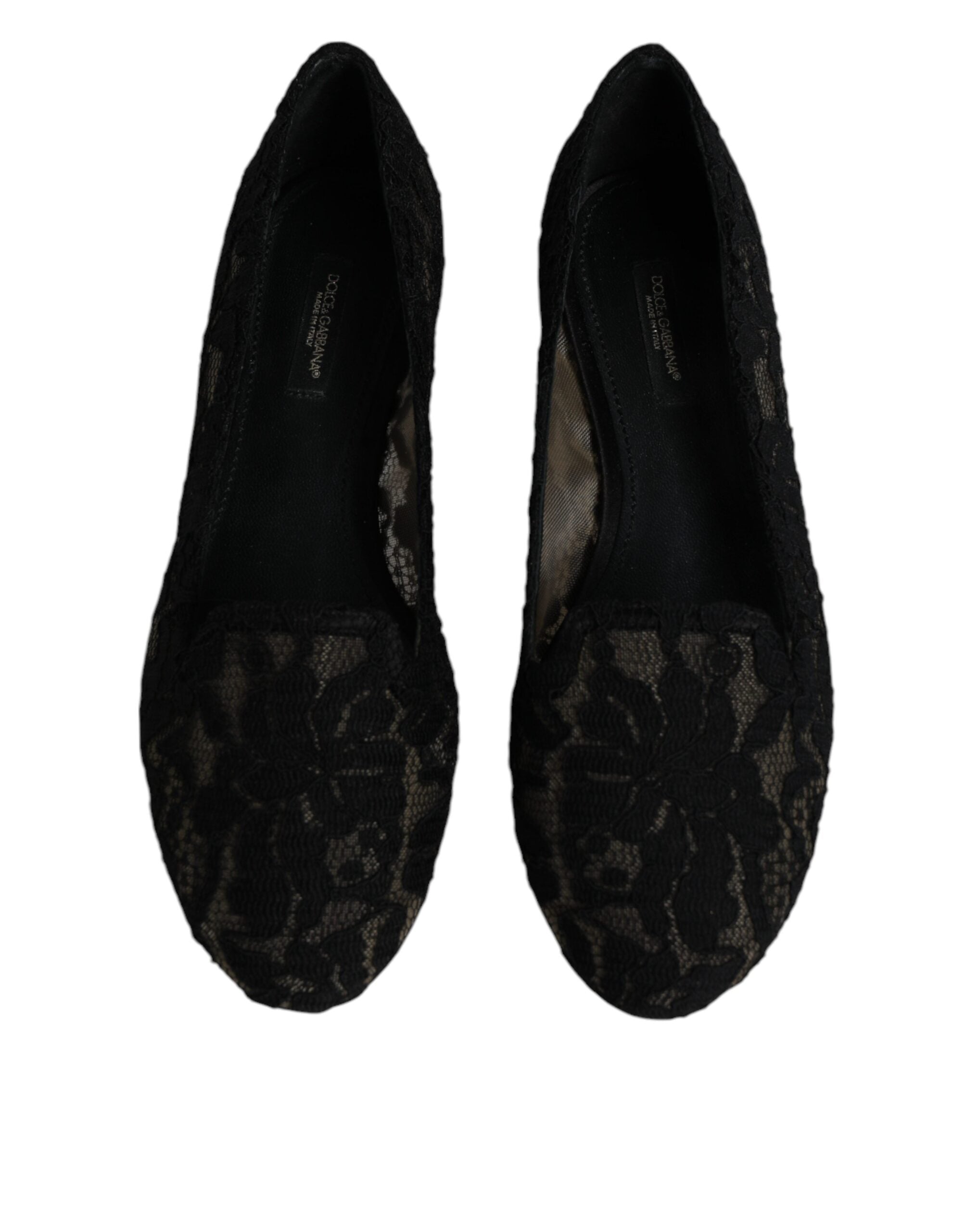 Chaussures Dolce & Gabbana Taormina noires en dentelle, slippers plates élégantes, vue de face.