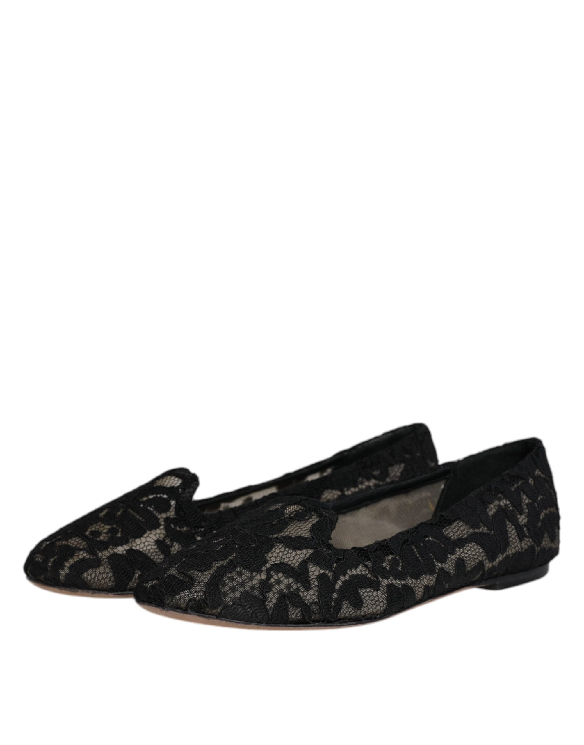 Chaussures plates Dolce & Gabbana Taormina en dentelle noire, slip-on élégantes pour femme.