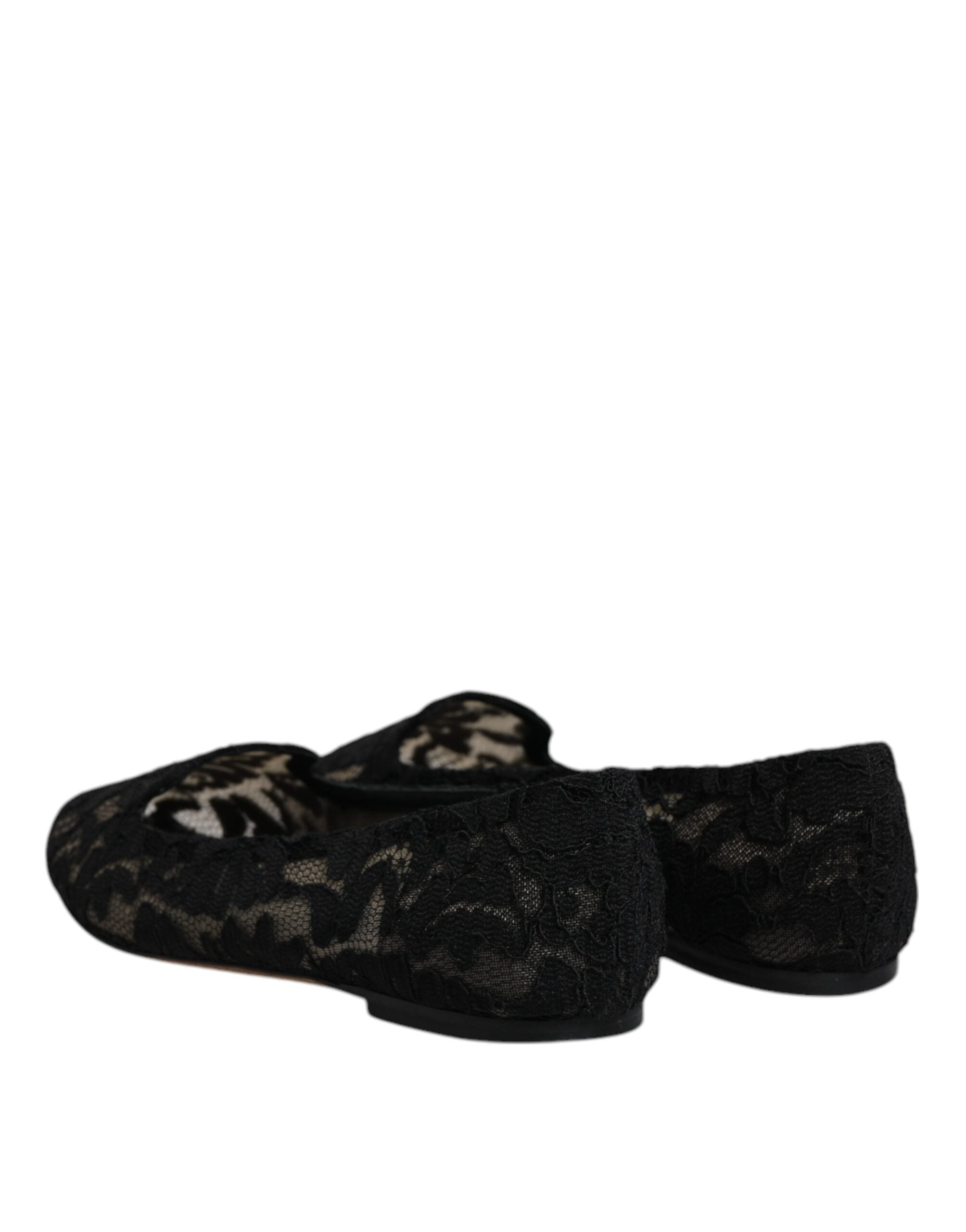 Chaussures plates Dolce & Gabbana Taormina en dentelle noire, slip-on élégantes et confortables pour femmes.