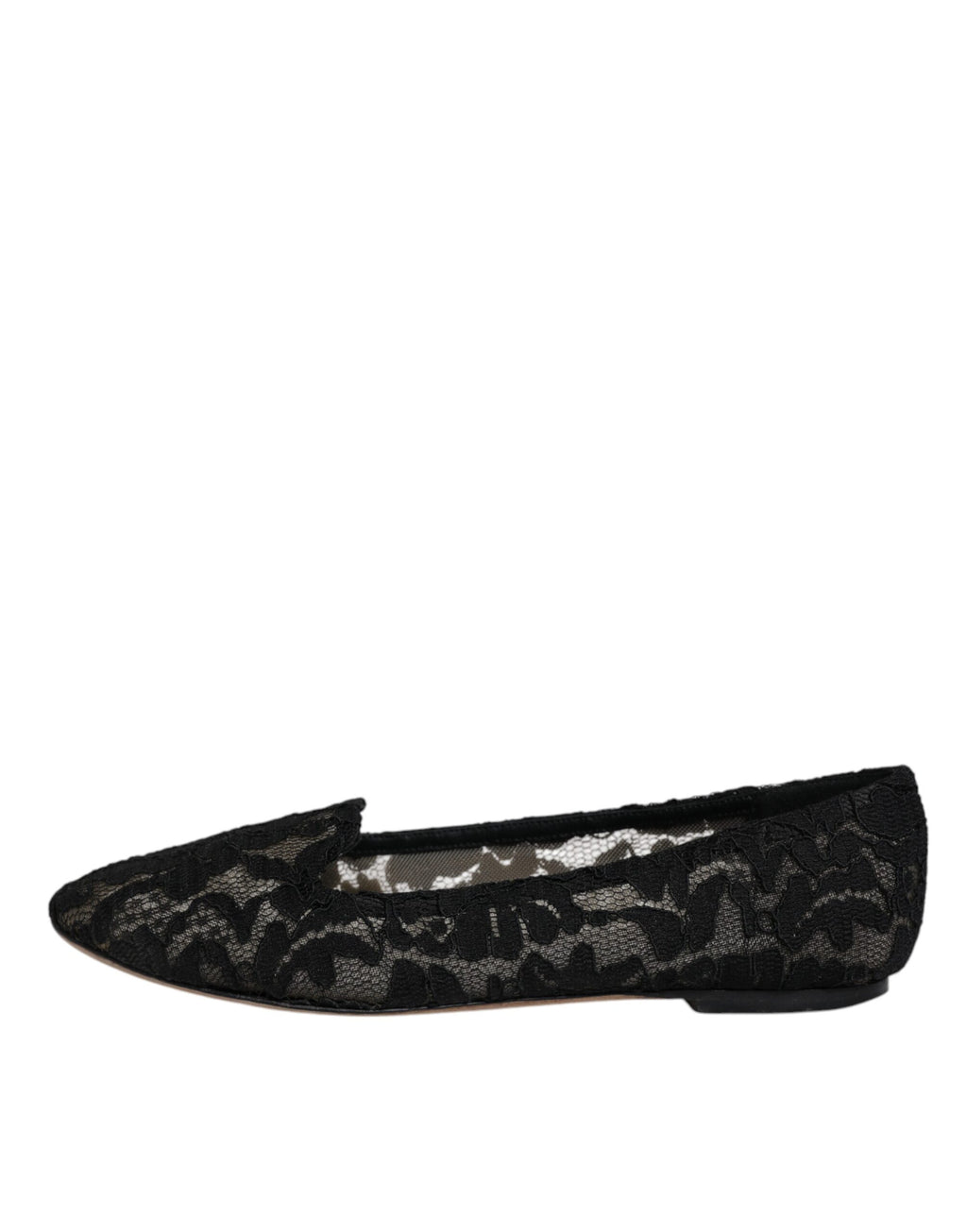 Chaussures plates Dolce & Gabbana Taormina en dentelle noire, slip-on élégantes pour femmes, vue de côté.