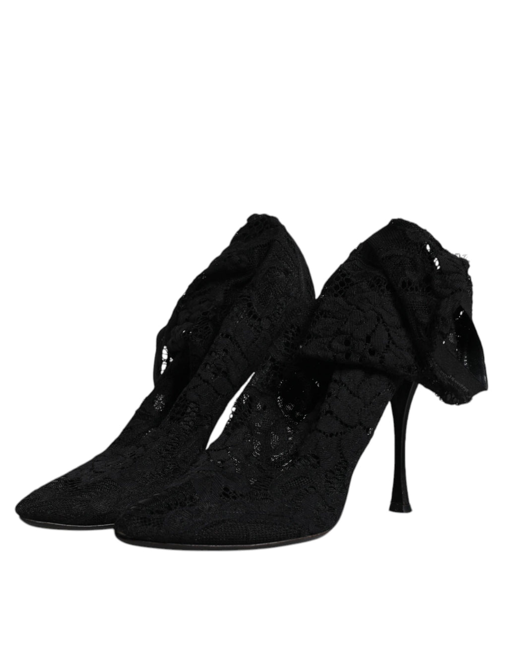 Chaussures Dolce & Gabbana talons en dentelle noire, bottines à mi-mollet en stretch, élégantes et sophistiquées.