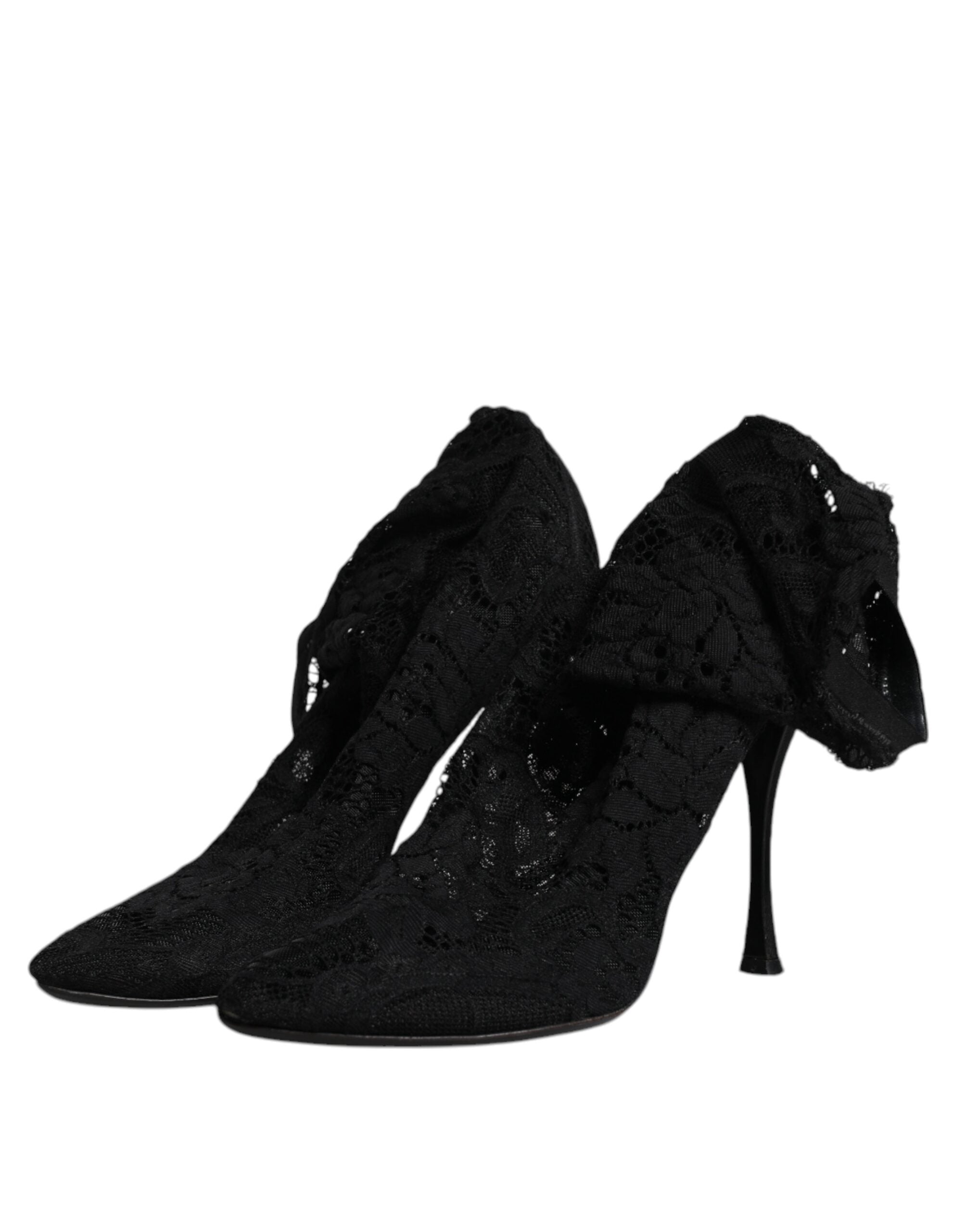 Chaussures Dolce & Gabbana talons en dentelle noire, bottines à mi-mollet en stretch, élégantes et sophistiquées.