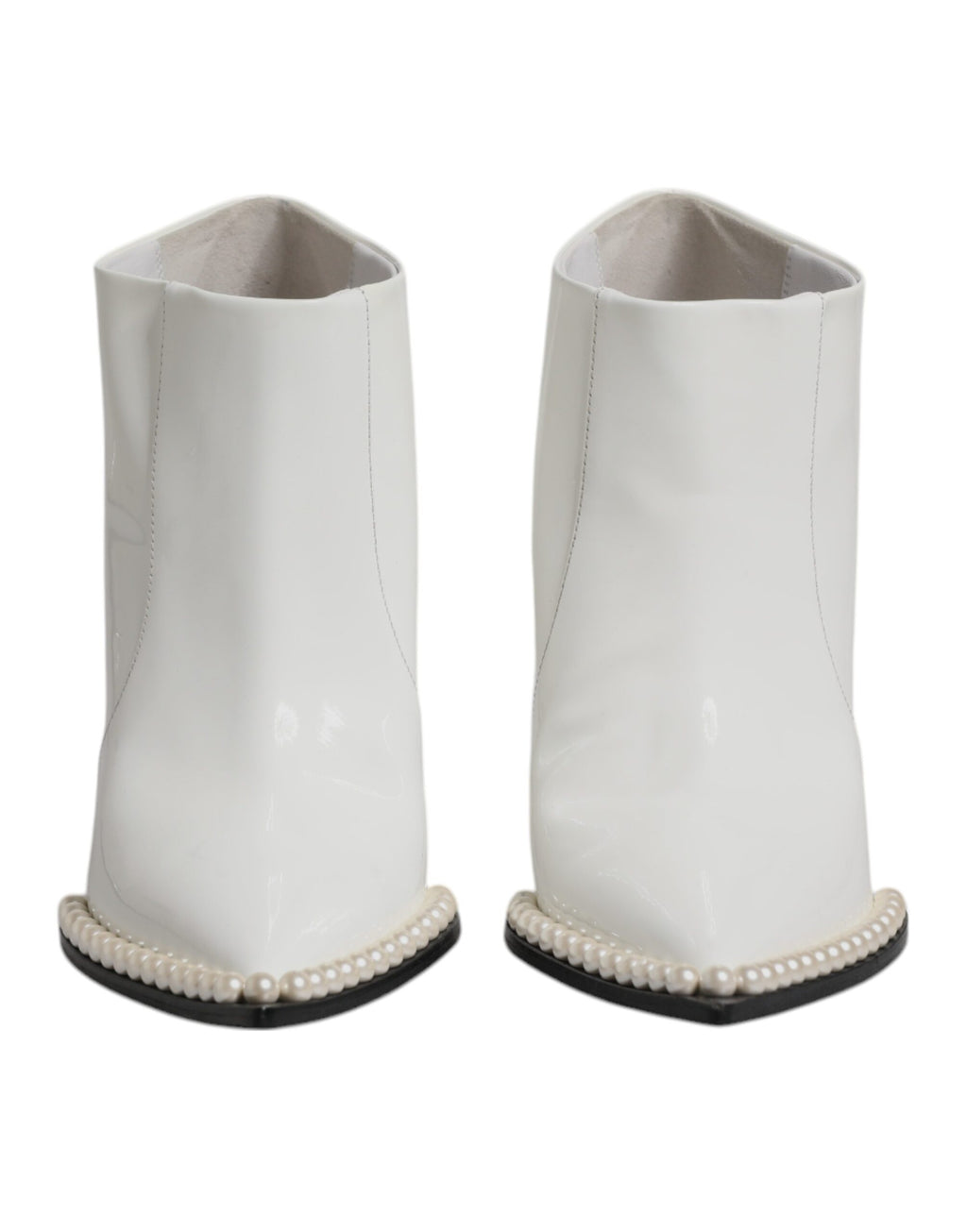Bottines à talon pointues en cuir blanc avec perles faux Dolce & Gabbana, chausson élégant avec semelle en cuir.