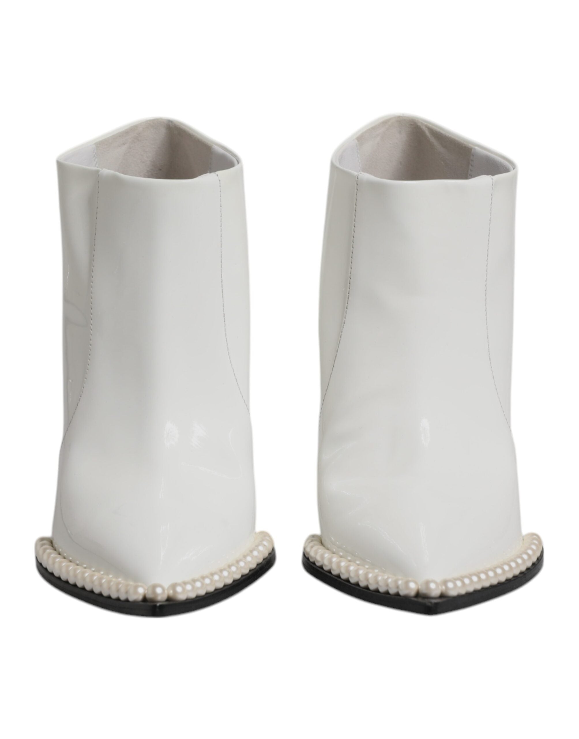 Bottines à talon pointues en cuir blanc avec perles faux Dolce & Gabbana, chausson élégant avec semelle en cuir.