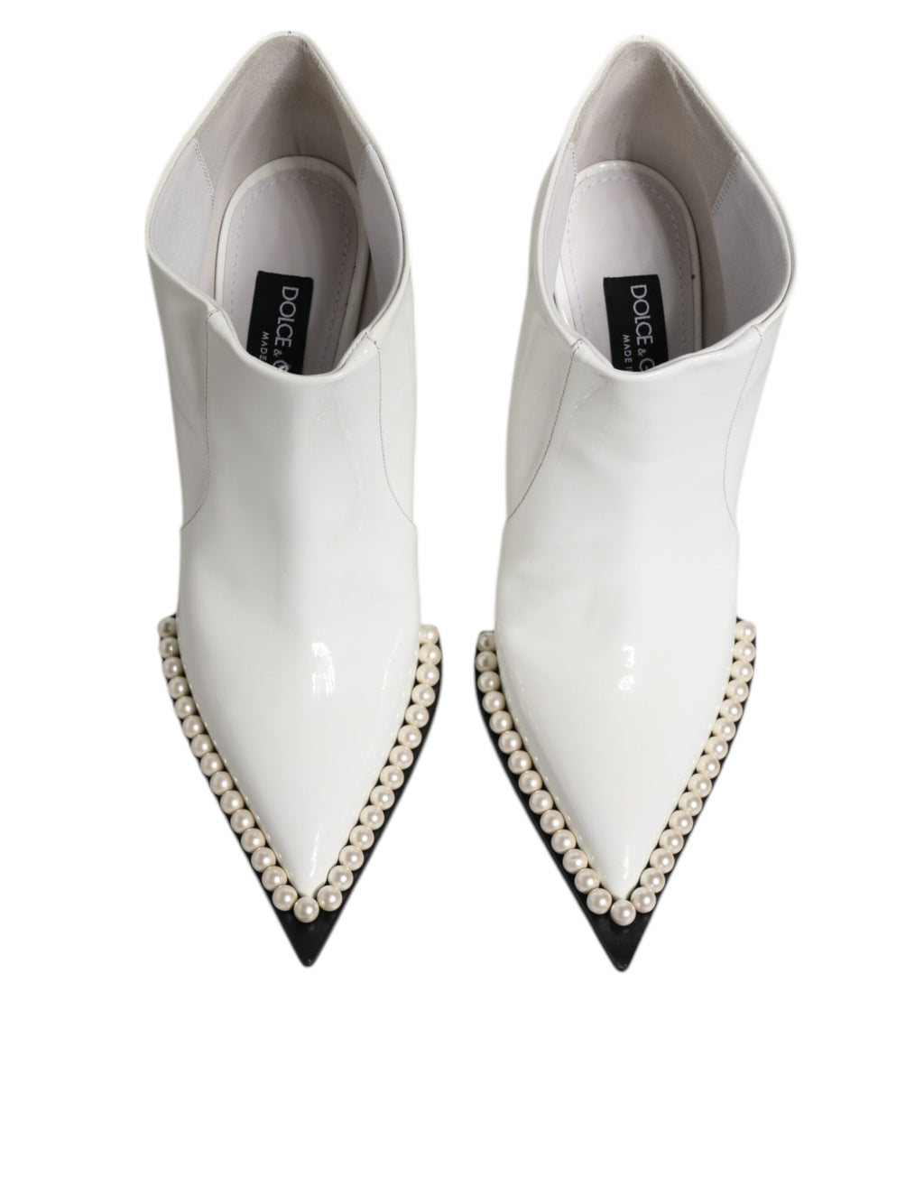 Bottes à talon pointu Dolce & Gabbana en cuir blanc avec perlés faux, ankle boot élégante et raffinée.