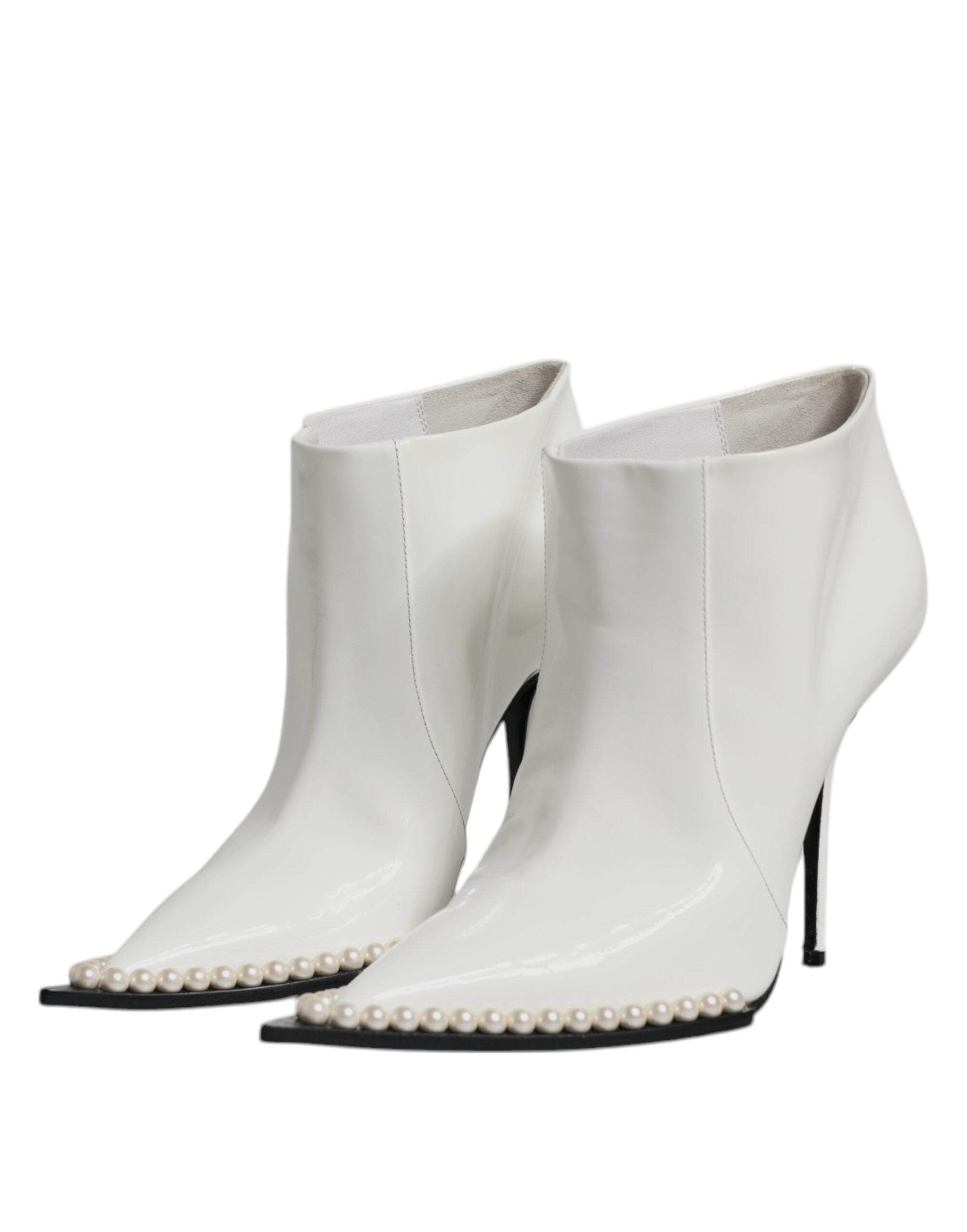 Bottines à talon pointu Dolce & Gabbana en cuir blanc avec perles factices et détails élégants pour femme