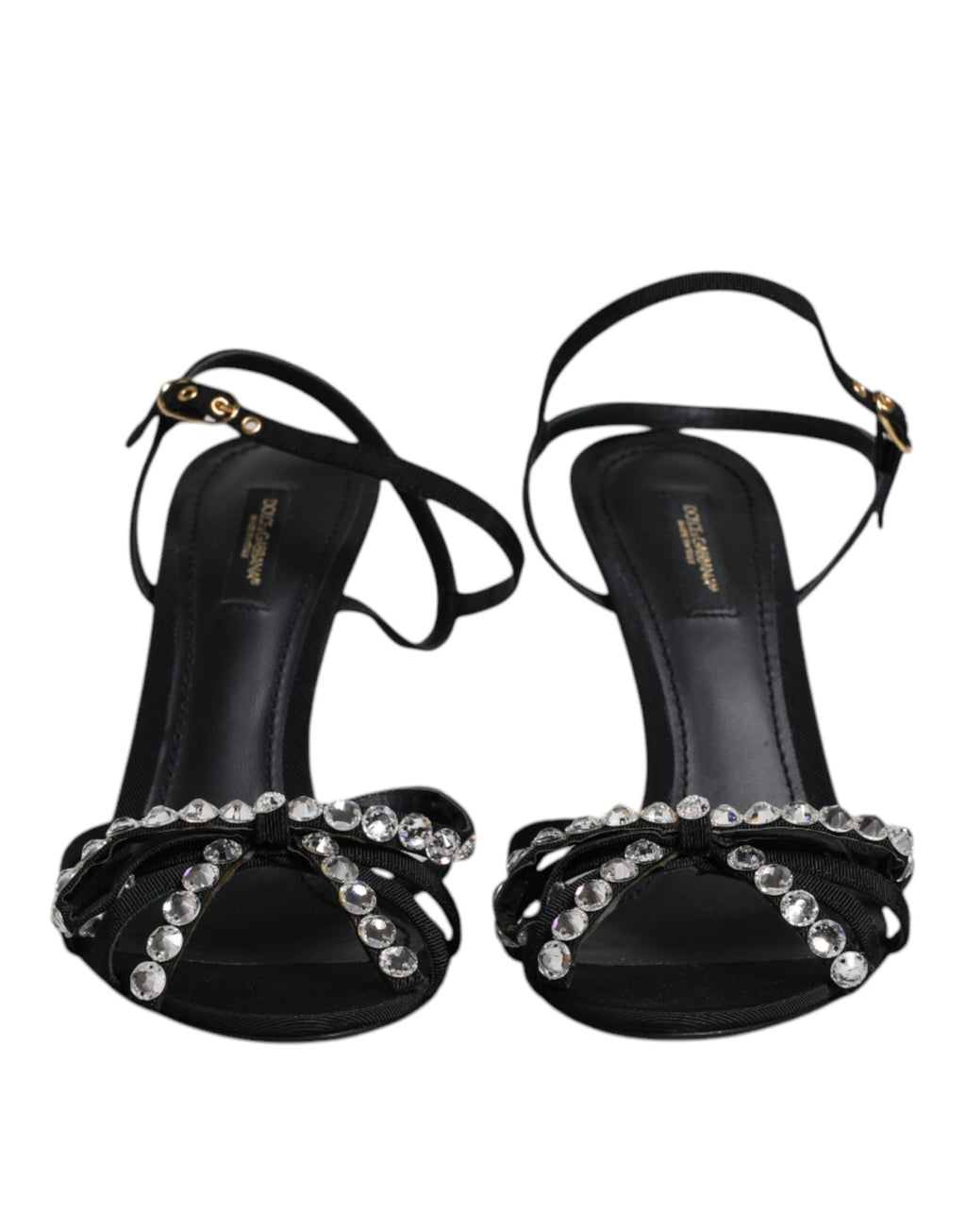 Sandales noires en cuir Dolce & Gabbana avec ruban en cristal et boucle, style élégant et sophistiqué.