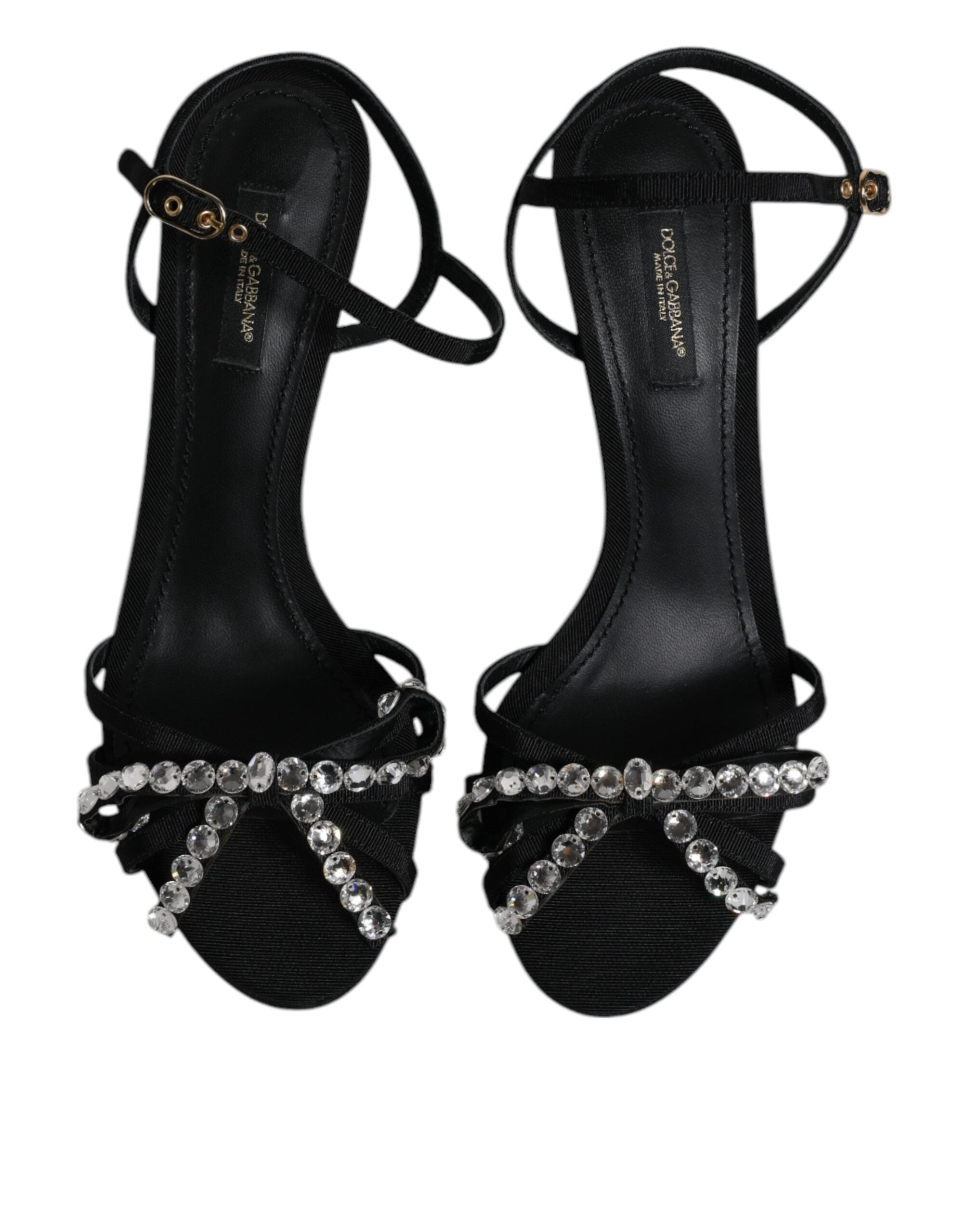 Sandales noires en cuir Dolce & Gabbana KEIRA avec nœud en cristal, chaussures élégantes pour femmes.