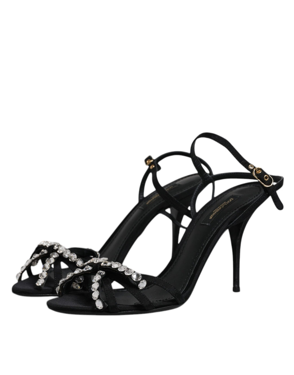 Sandales noires en cuir Dolce & Gabbana KEIRA avec nœud en cristal, élégantes chaussures à talon pour femmes