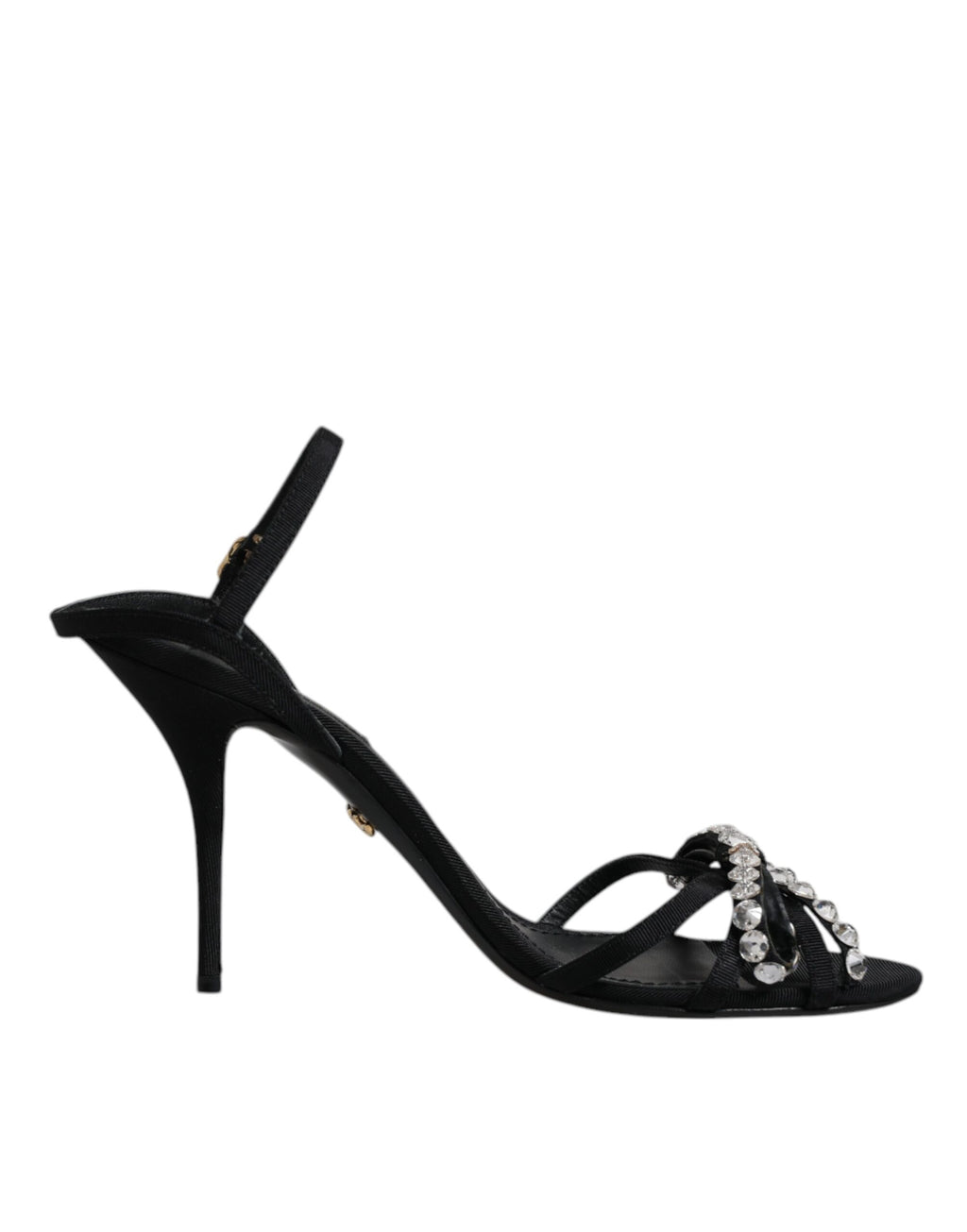 Sandales Dolce & Gabbana KEIRA en cuir noir avec nœud en cristal, vue de face, élégantes et sophistiquées.