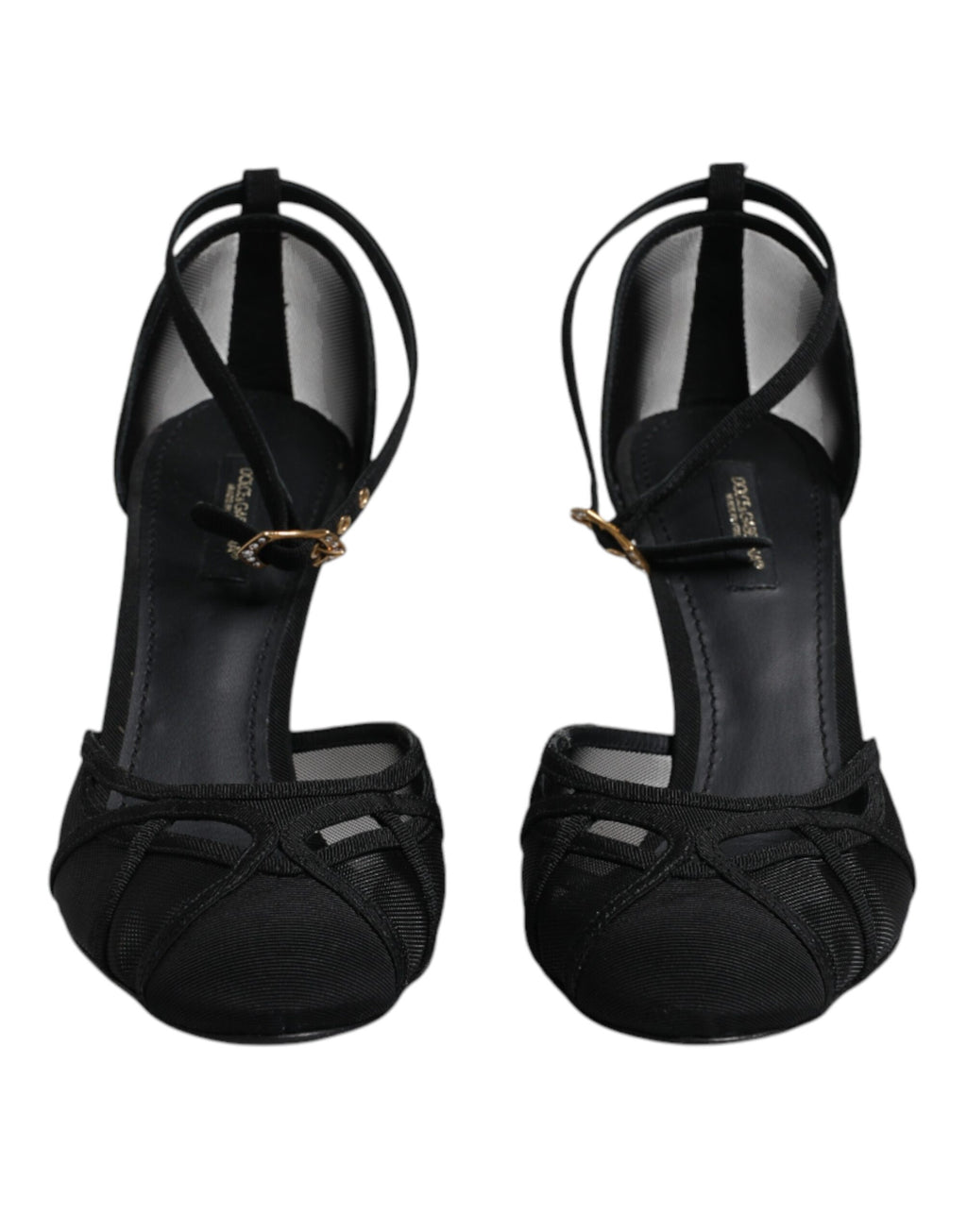 Chaussures à talons Dolce & Gabbana noirs en mesh avec bride à la cheville et semelle en cuir, élégantes et sophistiquées.