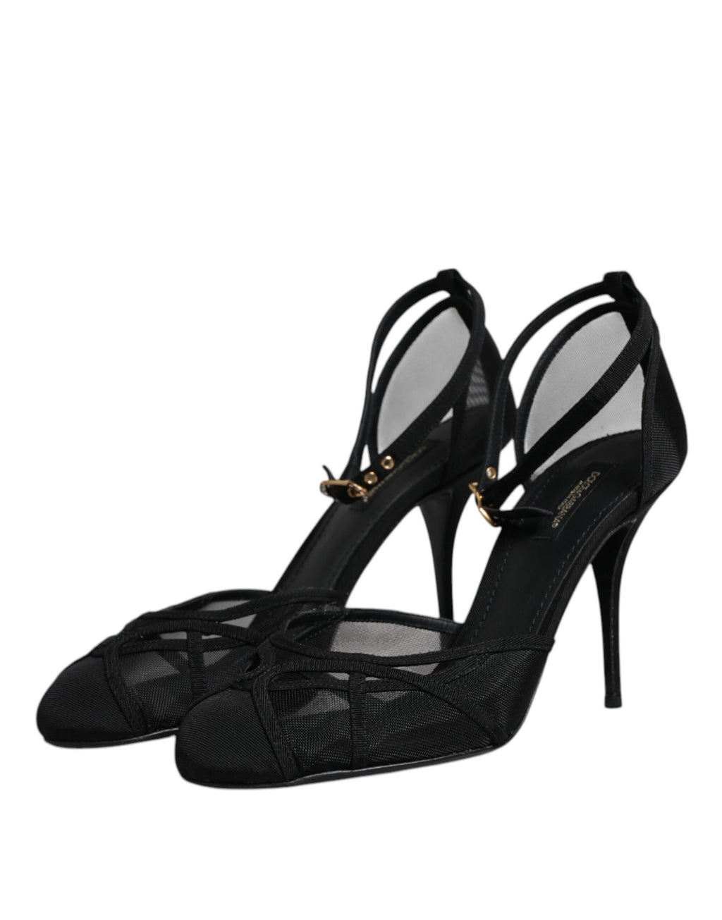 Chaussures à talons noirs Dolce & Gabbana, sandales à bride à la cheville en mesh transparent, élégantes et sophistiquées.