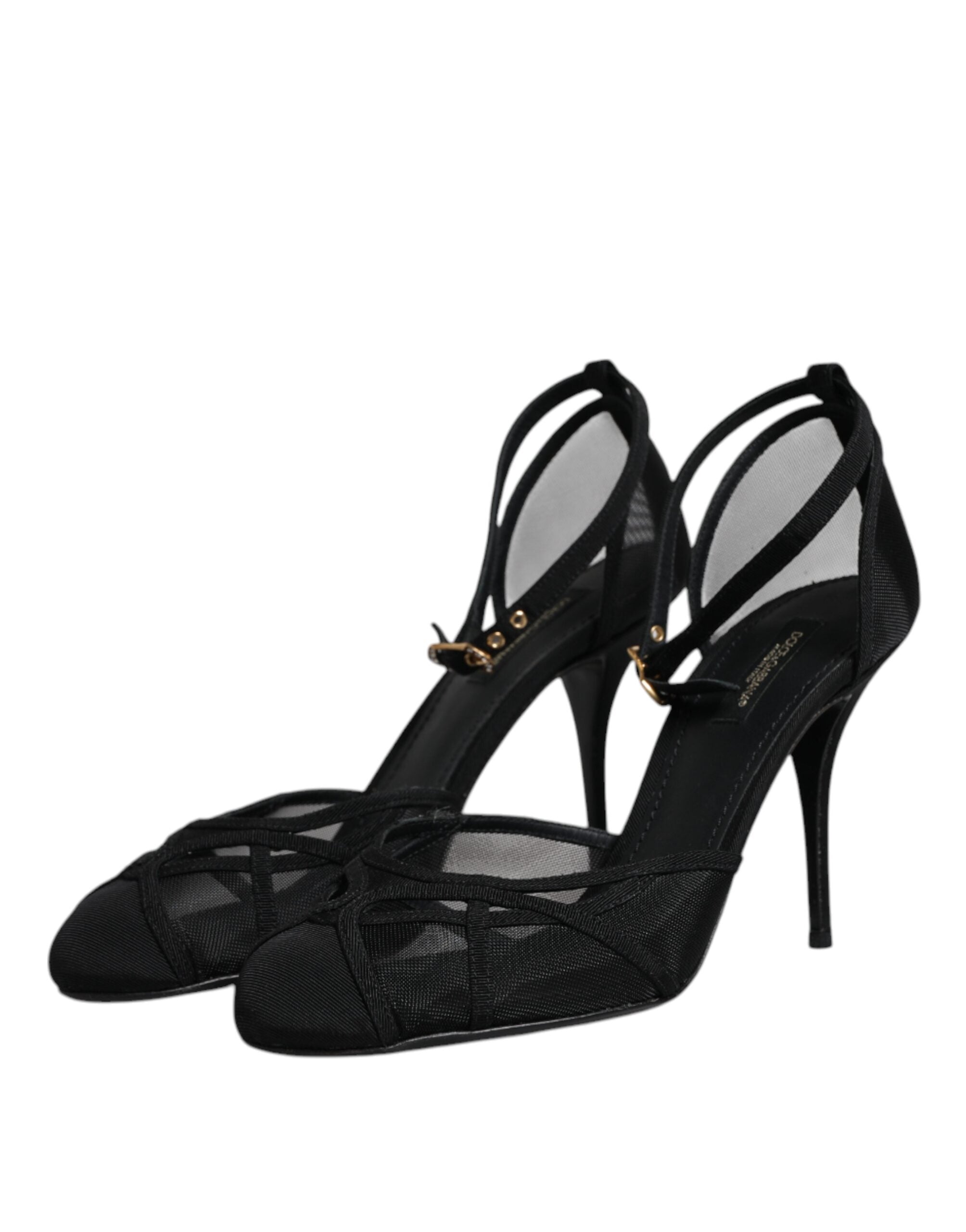 Chaussures à talons noirs Dolce & Gabbana, sandales à bride à la cheville en mesh transparent, élégantes et sophistiquées.