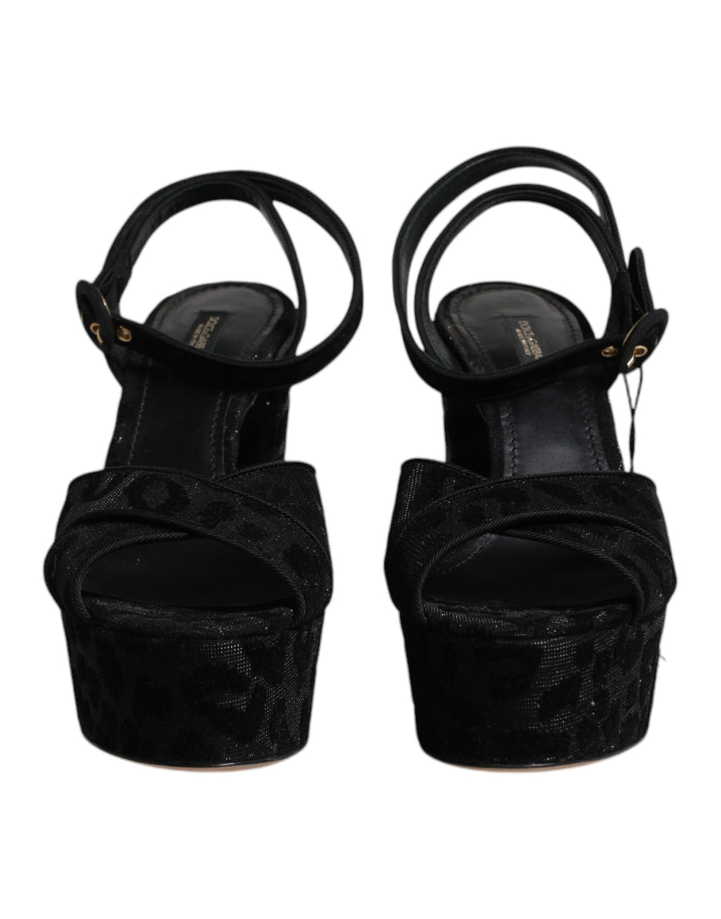Sandales à talons plateforme Dolce & Gabbana noires à motif léopard, avec design élégant et semelle épaisse.