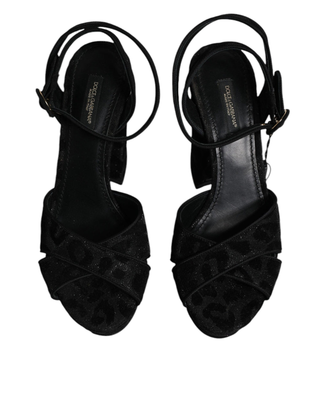 Sandales à talons plateforme Dolce & Gabbana noires à motif léopard, chaussures élégantes avec talons hauts.
