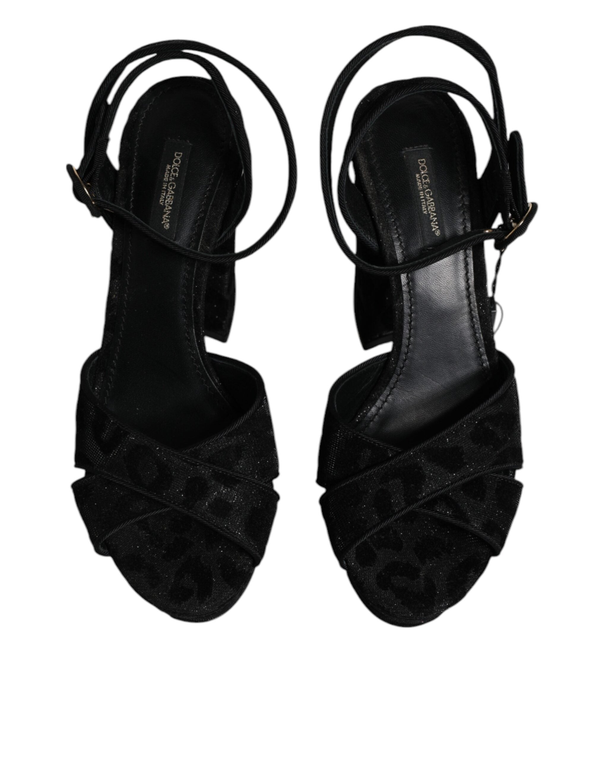 Sandales à talons plateforme Dolce & Gabbana noires à motif léopard, chaussures élégantes avec talons hauts.