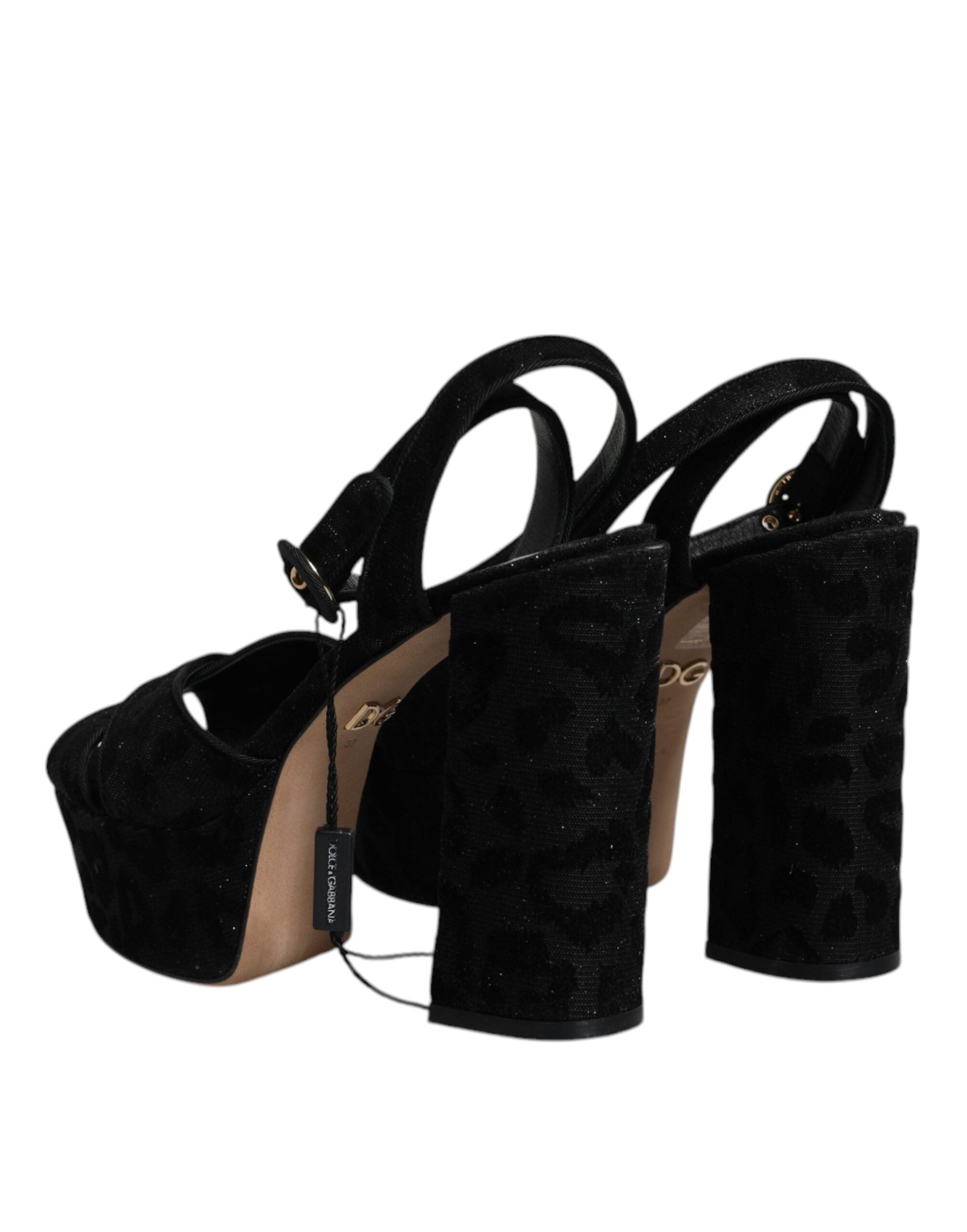 Sandales à talons plateforme Dolce & Gabbana noires à motif léopard, style élégant et tendance, vues en gros plan.