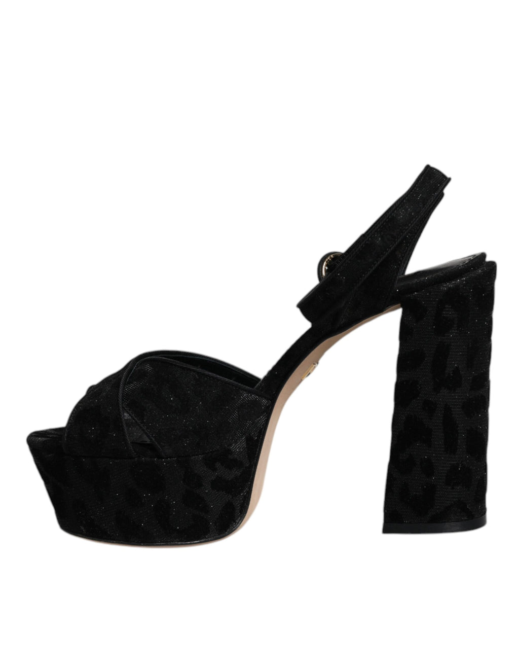 Sandales à talons plateforme Dolce & Gabbana noires avec motif léopard, style élégant et moderne.